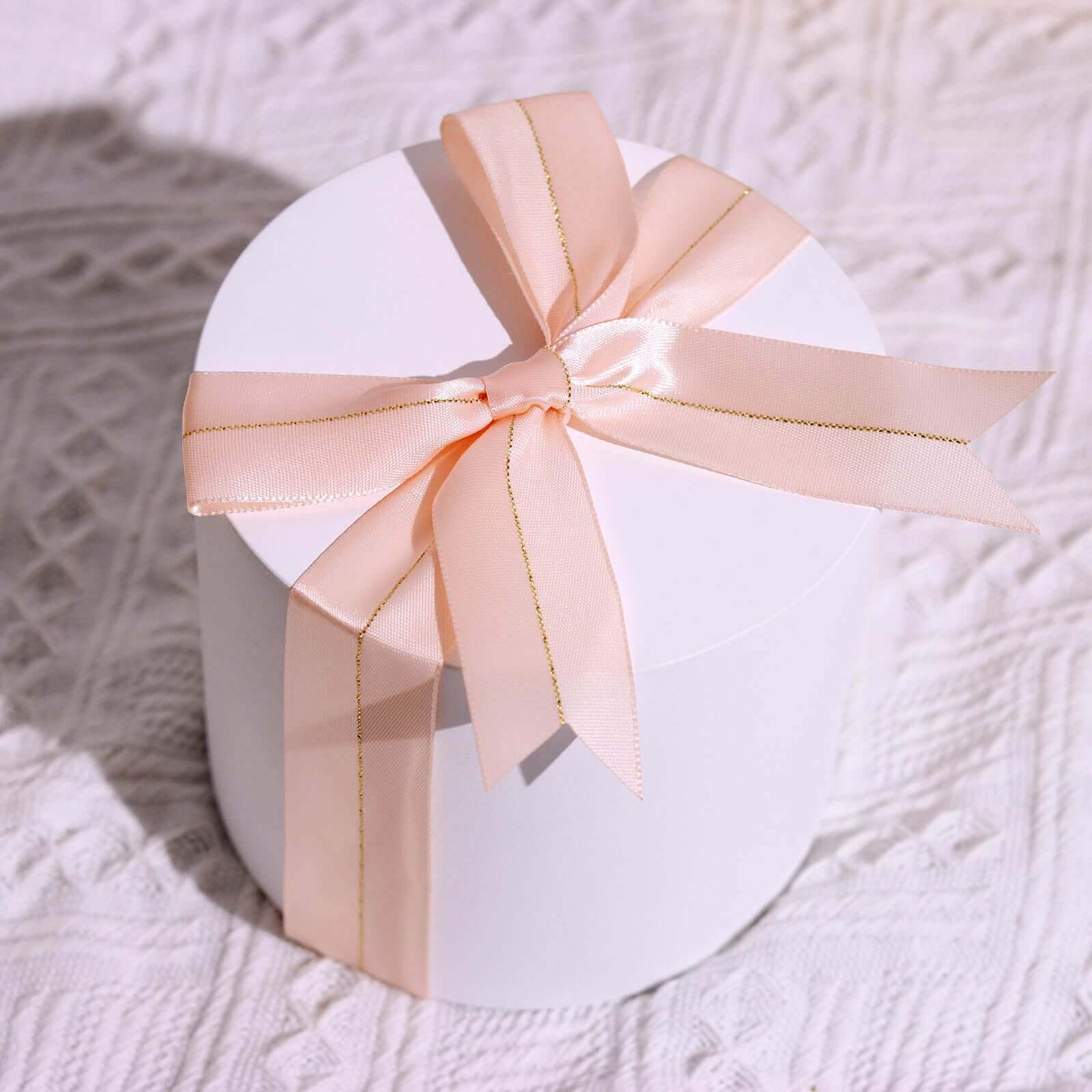 50 PCs 10 Blush Pre Tied Ribbon Bows, Satin Ribbon With Gold Foil Lining For Gift Basket and Party Favors Decor