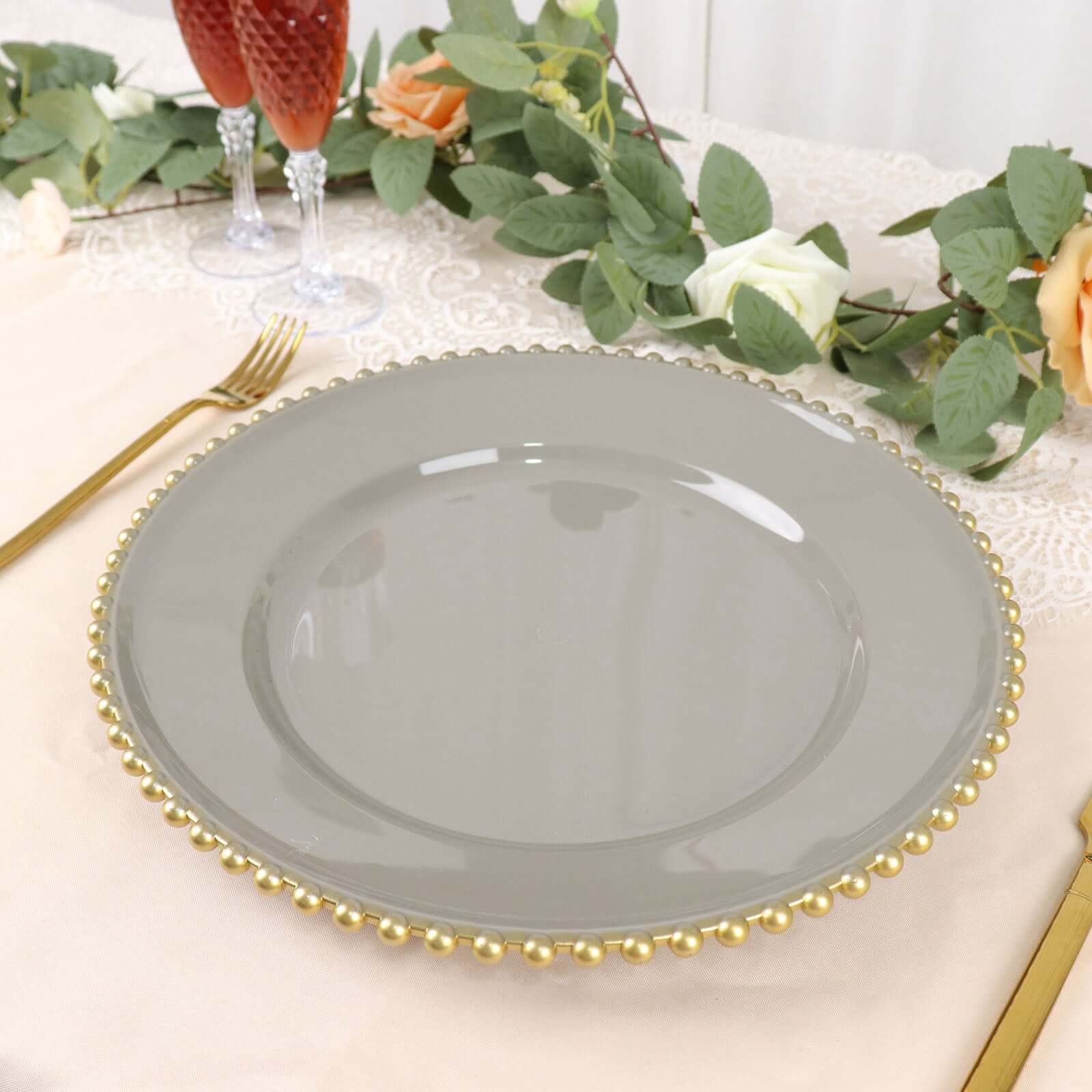 6-Pack Acrylic Round Charger Plates 13 in Charcoal Gray with Gold Beaded Rim, Decorative Dinner Party Charger Tableware