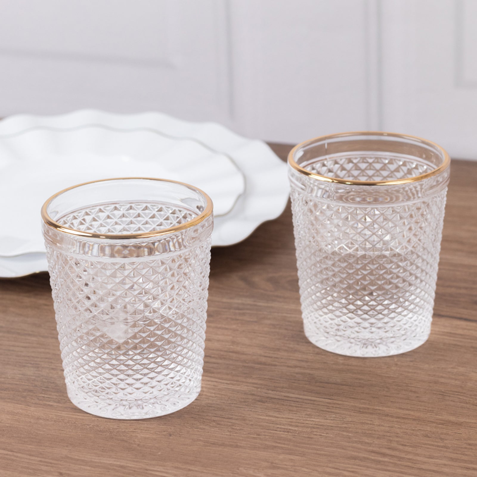 6-Pack Tumbler Glasses Clear Hobnail Design with Gold Rim - Embossed Diamond Pattern Glassware for Drinks & Parties 11oz 4