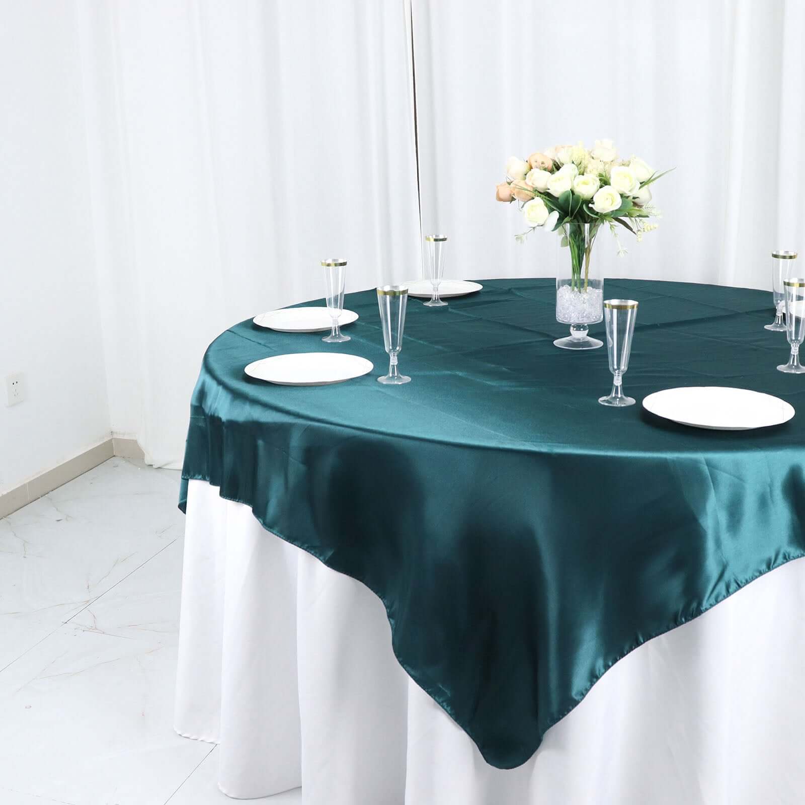 Satin 72x72 Table Overlay Square Tablecloth Peacock Teal - Smooth Finish Table Cover