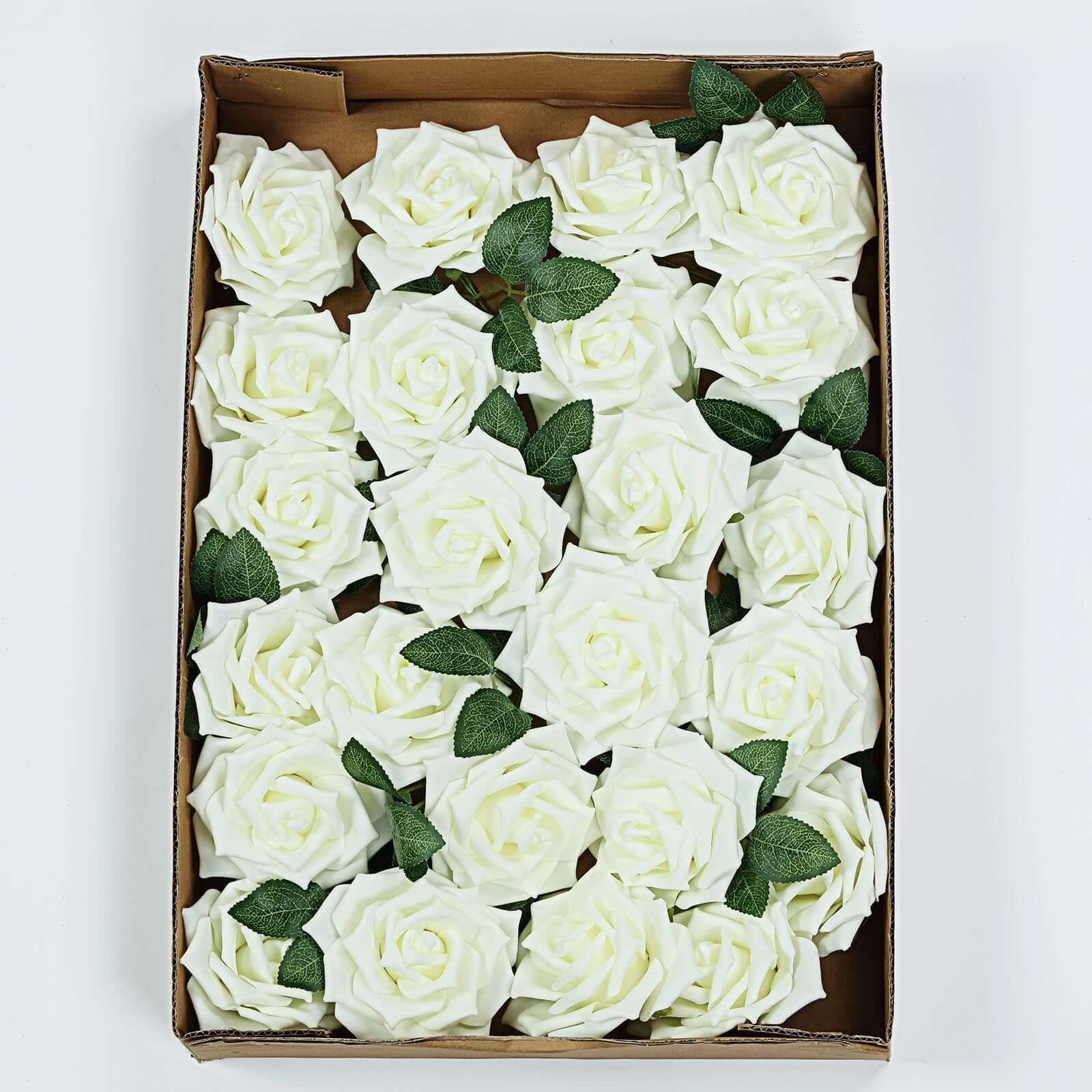 24 Roses 5 Ivory Artificial Foam Flowers With Stem Wire and Leaves