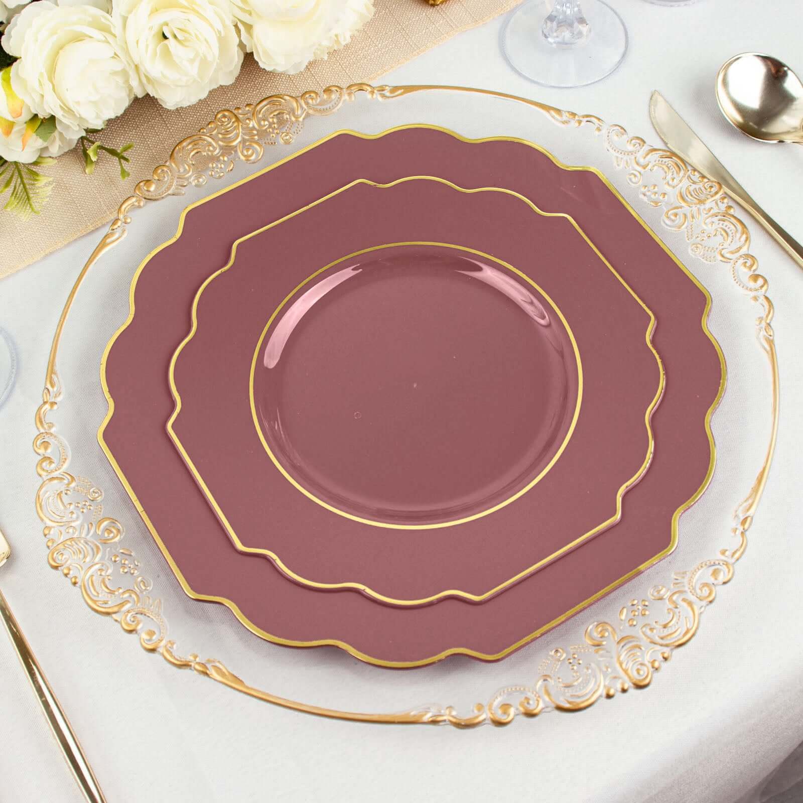 10-Pack Plastic Dinner Plates in Cinnamon Rose Baroque Design with Scalloped Gold Rim - Heavy Duty Disposable Party Plates 11