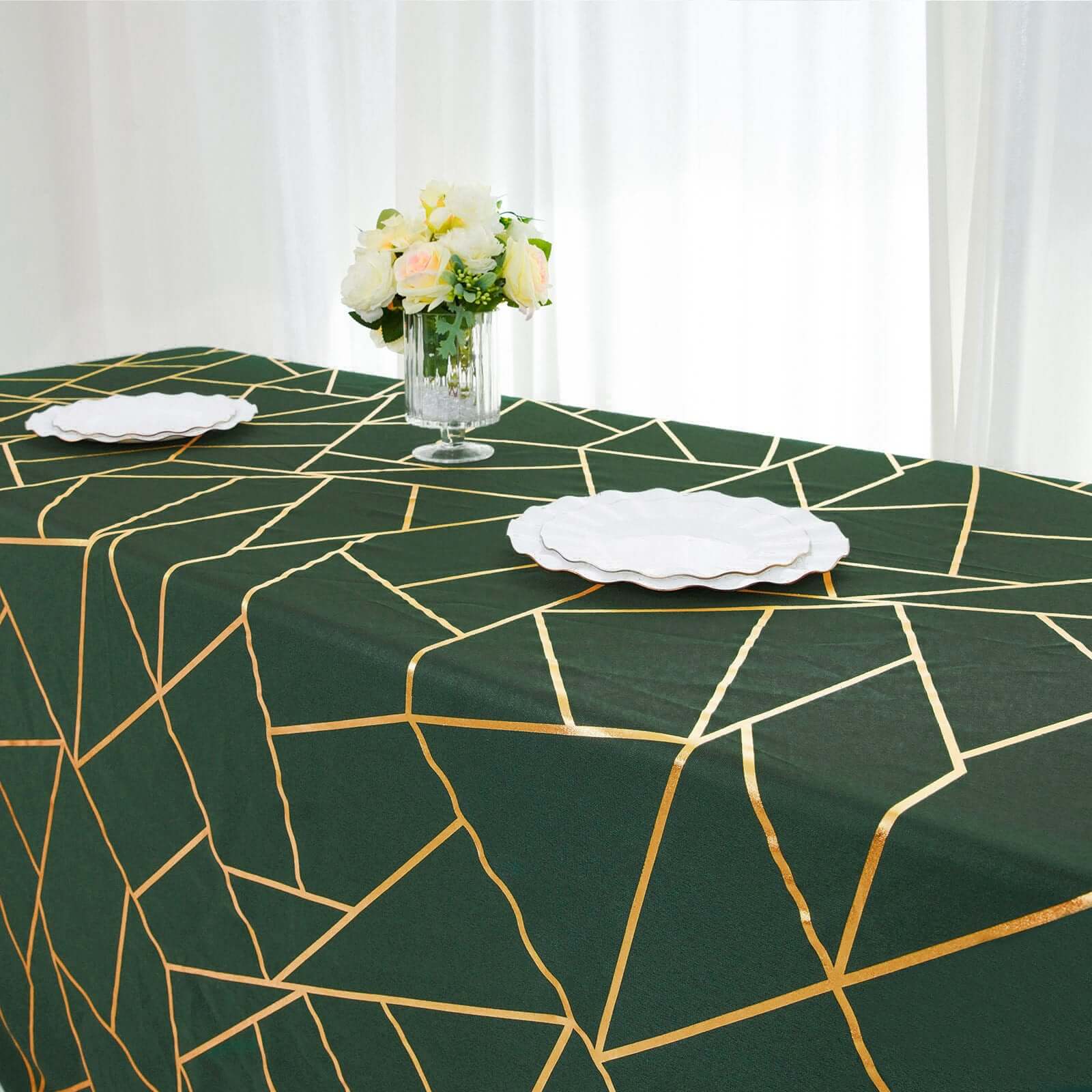 Polyester 90x132 Rectangle Tablecloth Hunter Emerald Green with Gold Foil Geometric Pattern - Wrinkle-Resistant Seamless Table Cover