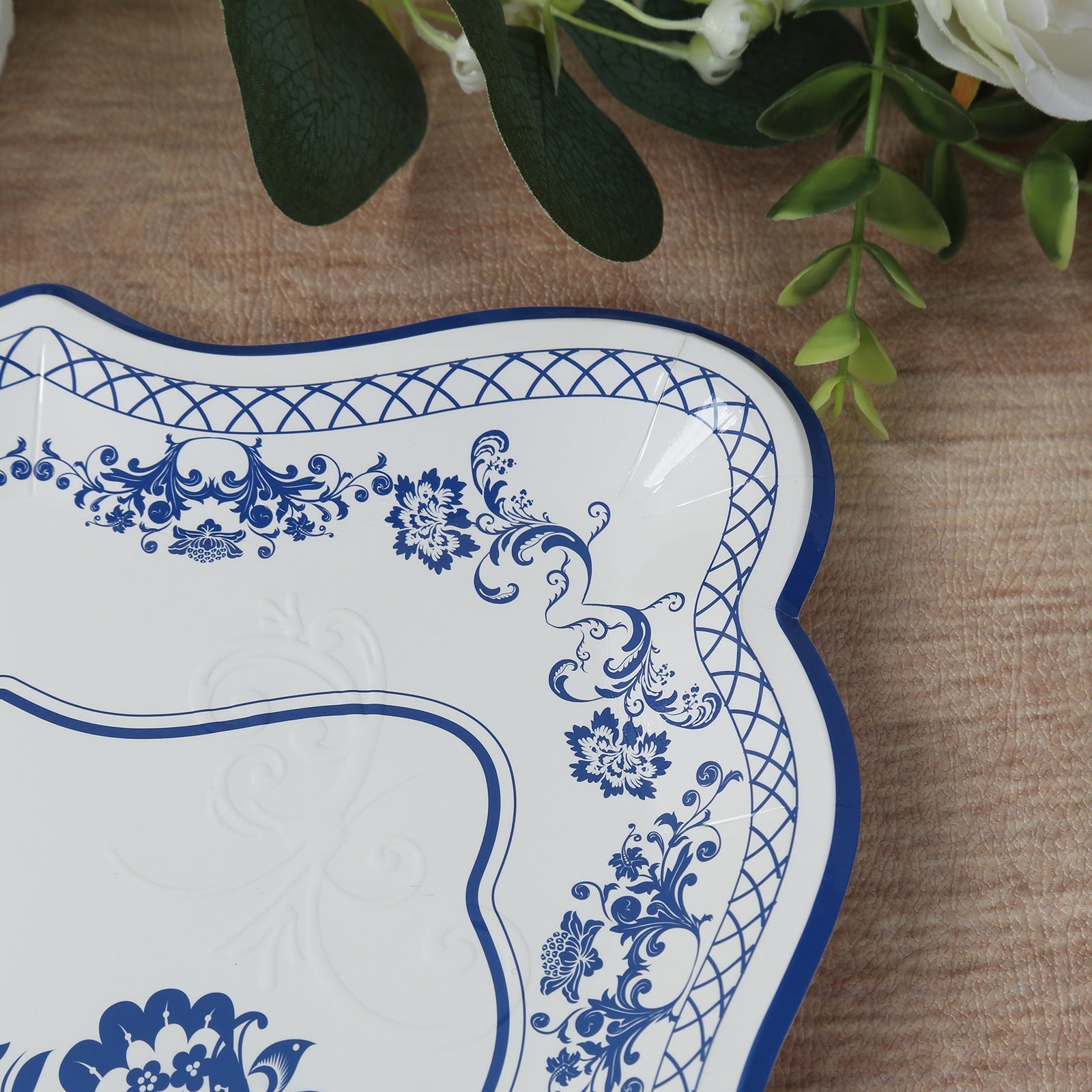 10-Pack Paper 14x10 Rectangle Serving Trays White Royal Blue Damask Floral Pattern - Heavy Duty Disposable 400GSM Cardboard Party Platters for Weddings & Parties