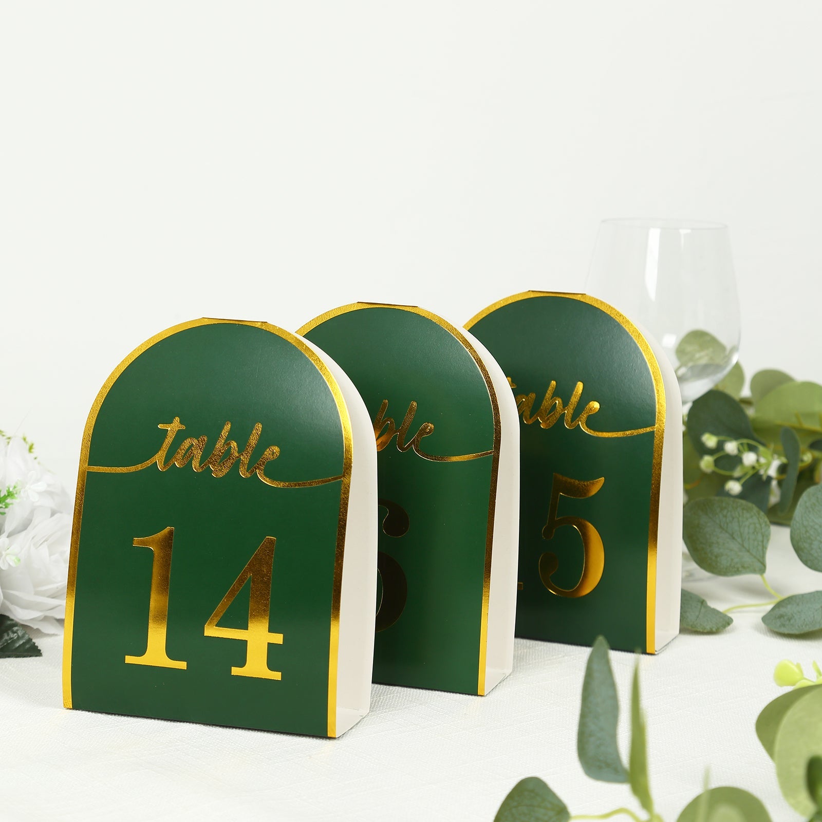 25-Pack Paper Wedding Table Numbers 1-25 Hunter Emerald Green Arch Cutout Design - Sleek & Modern Free Standing Double Sided Table Tent Cards with Metallic Gold Foil Numbers 7