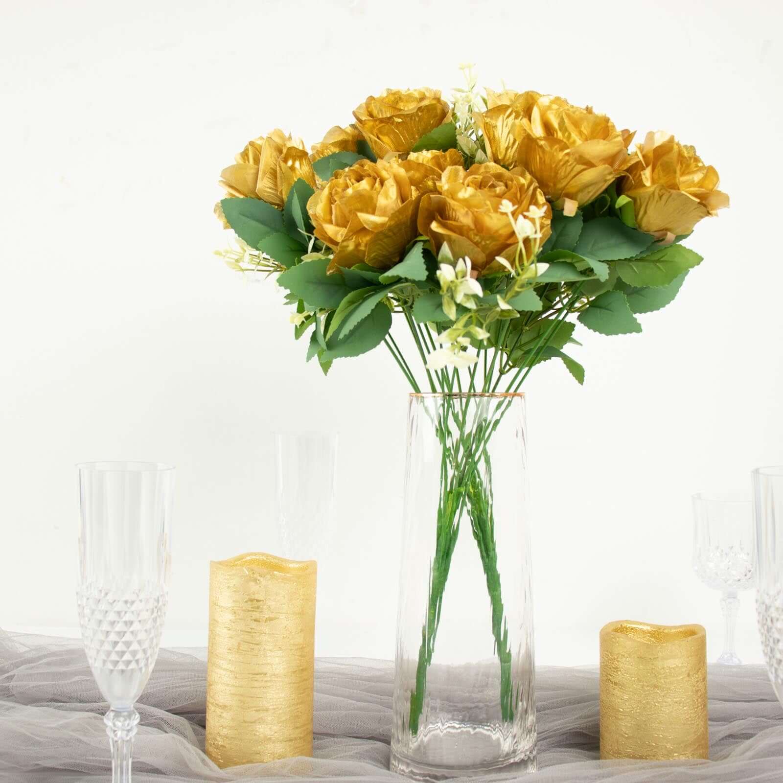 2 Bushes 18 Real Touch Gold Artificial Rose Flower Bouquet, Silk Long Stem Flower Arrangements