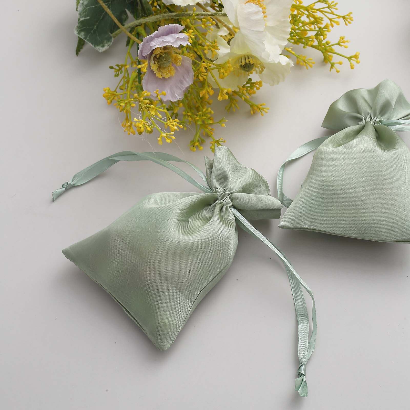 12 Pack 4x6 Sage Green Satin Drawstring Wedding Party Favor Gift Bags