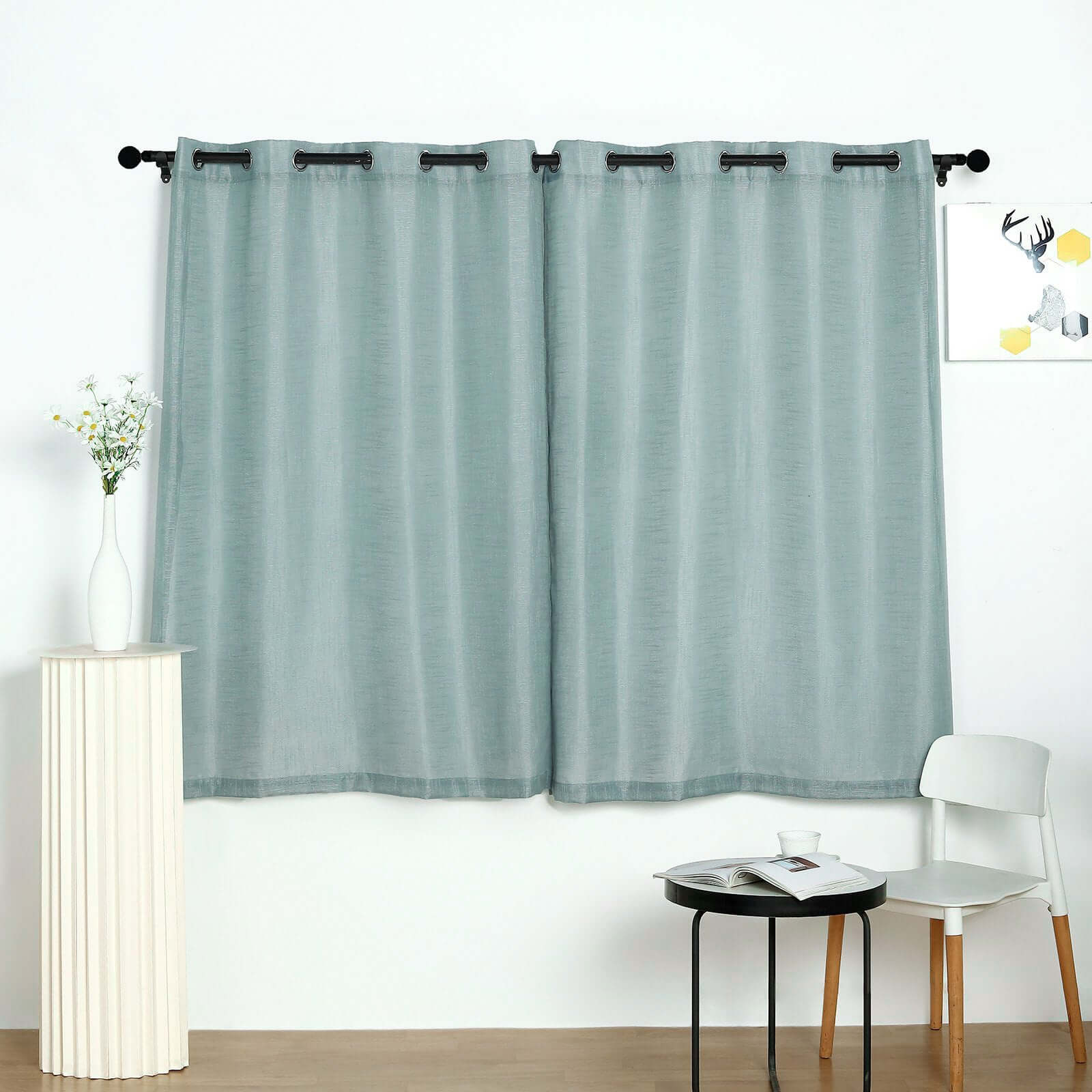 2 Pack Handmade Dusty Blue Faux Linen Curtains 52x64, Curtain Panels With Chrome Grommets