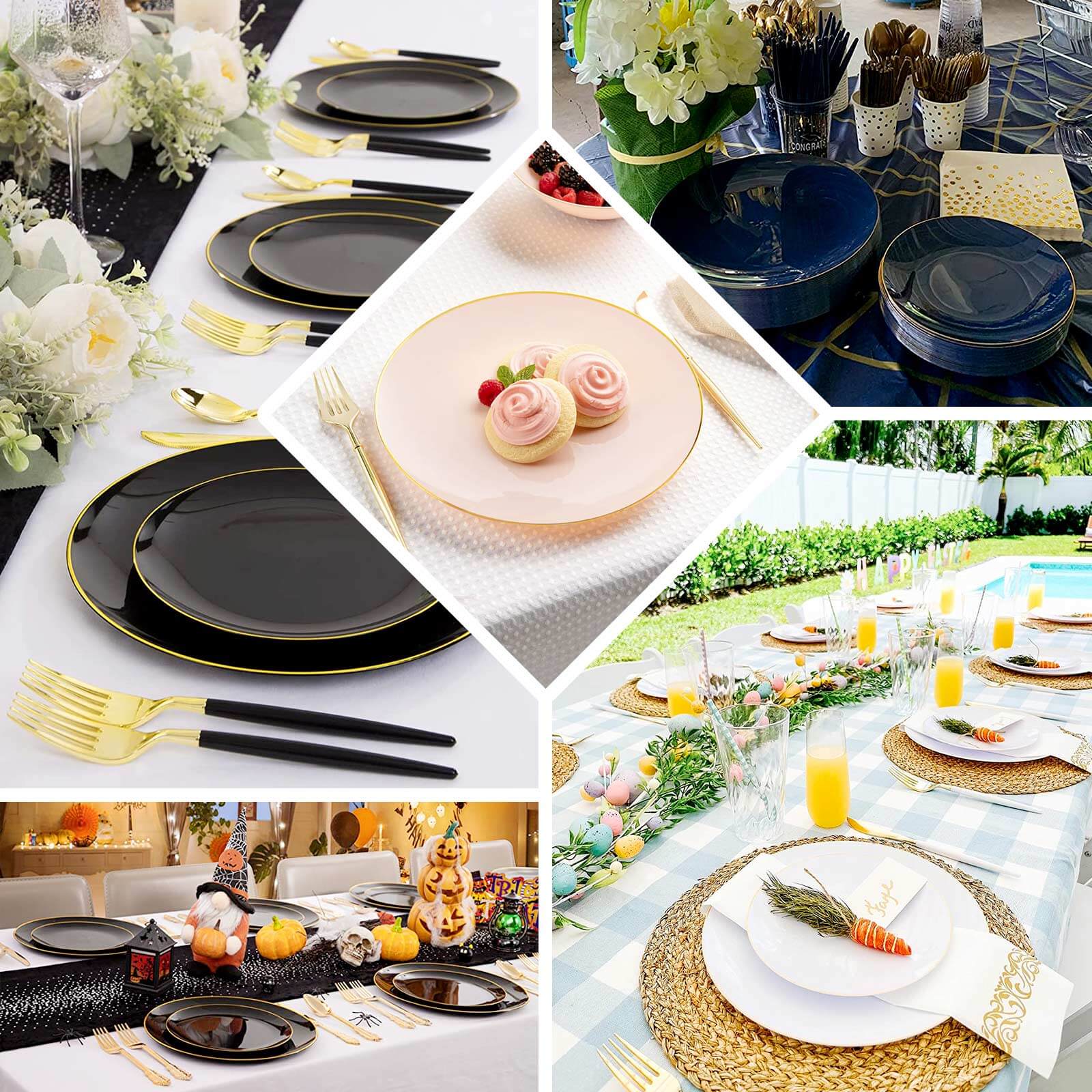 10-Pack Plastic 10 Round Dinner Plates in Hunter Emerald Green with Gold Rim - Glossy Disposable Party Plates
