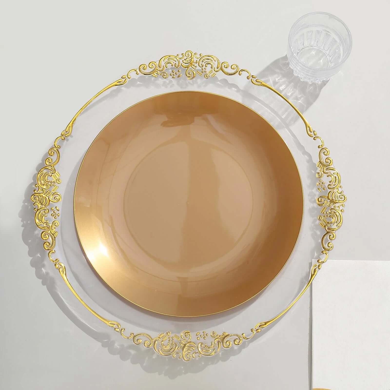 10-Pack Plastic 10 Round Dinner Plates in Gold with Gold Rim - Glossy Disposable Party Plates