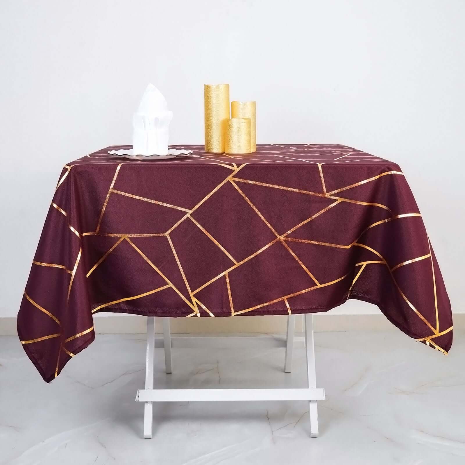 Polyester 54x54 Square Tablecloth Burgundy with Gold Foil Geometric Pattern - Wrinkle-Resistant & Durable Table Cover