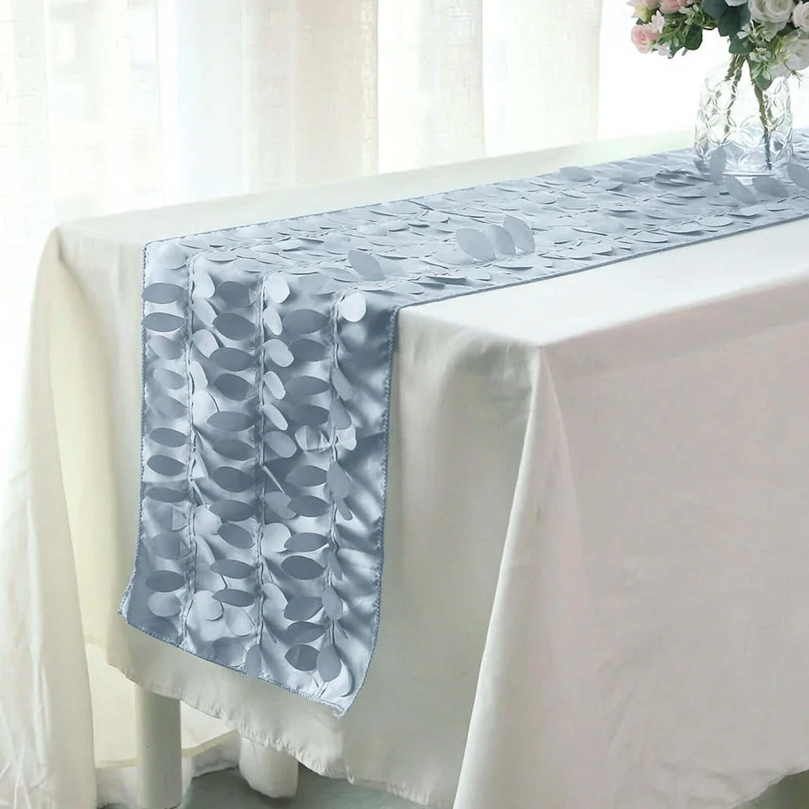 Taffeta Fabric 12x108 Table Runner Dusty Blue - 3D Leaf Petal Design