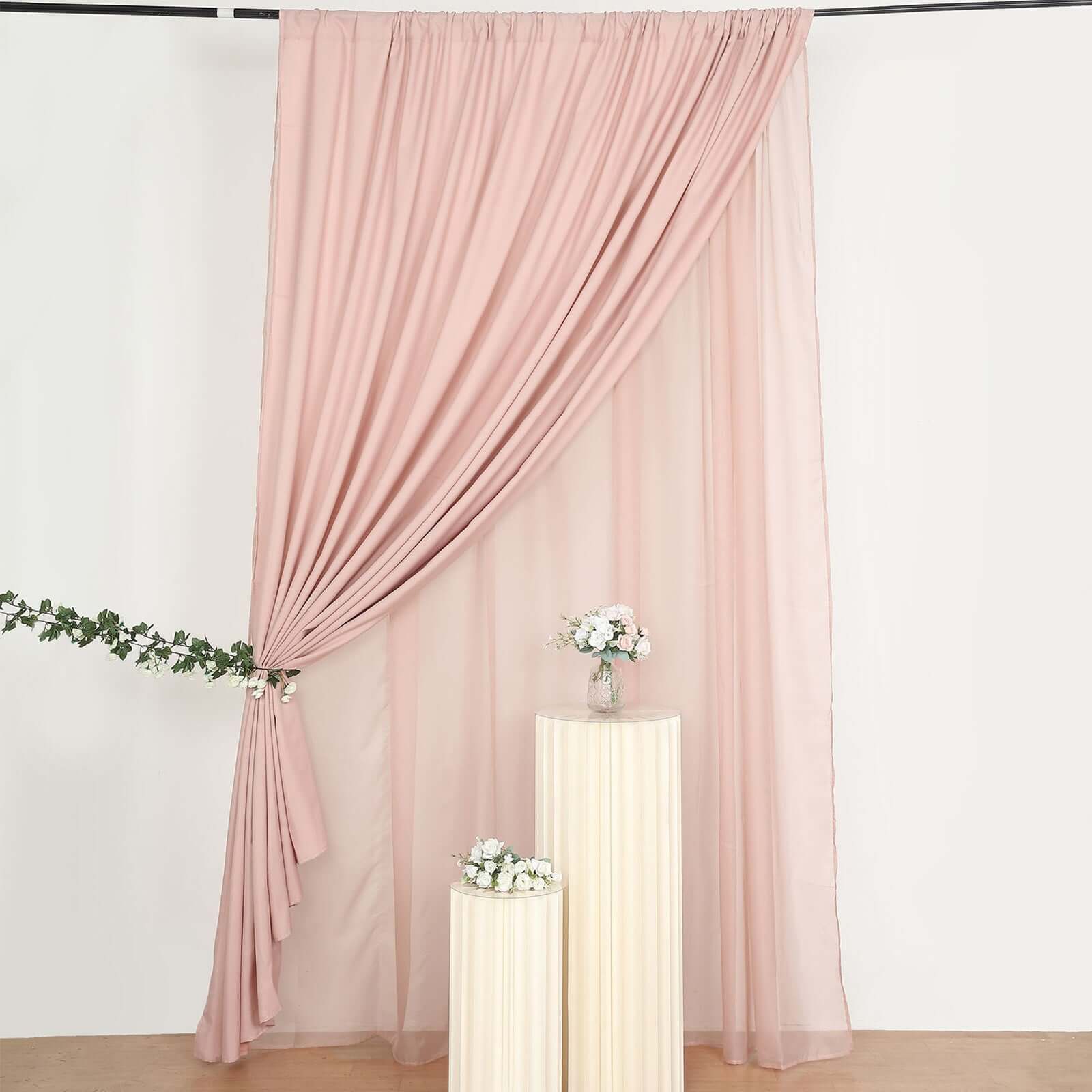 Dusty Rose Chiffon Polyester Event Curtain Drapes, Dual Layer Divider Backdrop Curtain Panels with Rod Pockets - 10ftx10ft