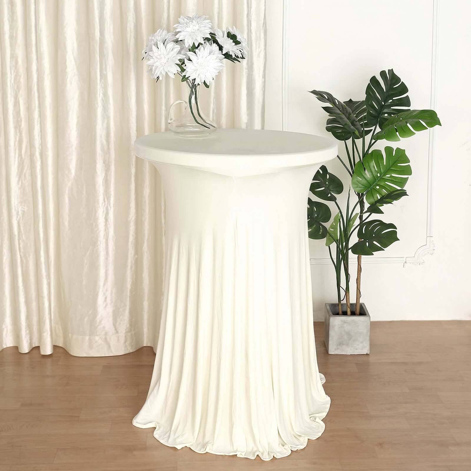 Spandex 32 Round Cocktail Table Cover Skirt Ivory With Natural Wavy Drapes