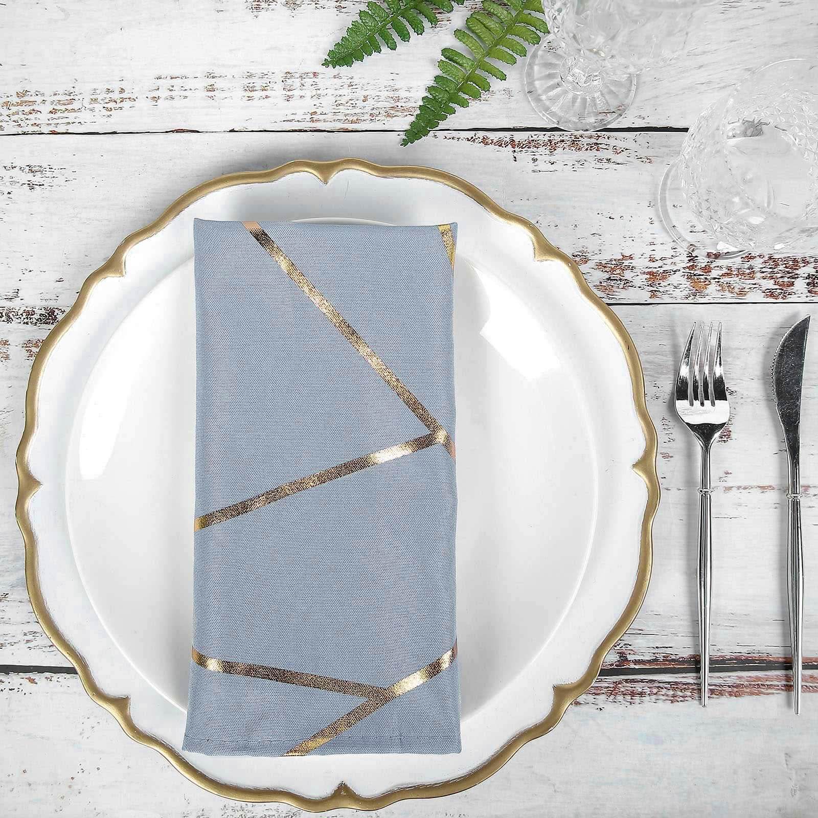 5 Pack Polyester 20x20 Napkins Dusty Blue with Gold Geometric Foil Pattern - Modern Reusable Dinner Napkins