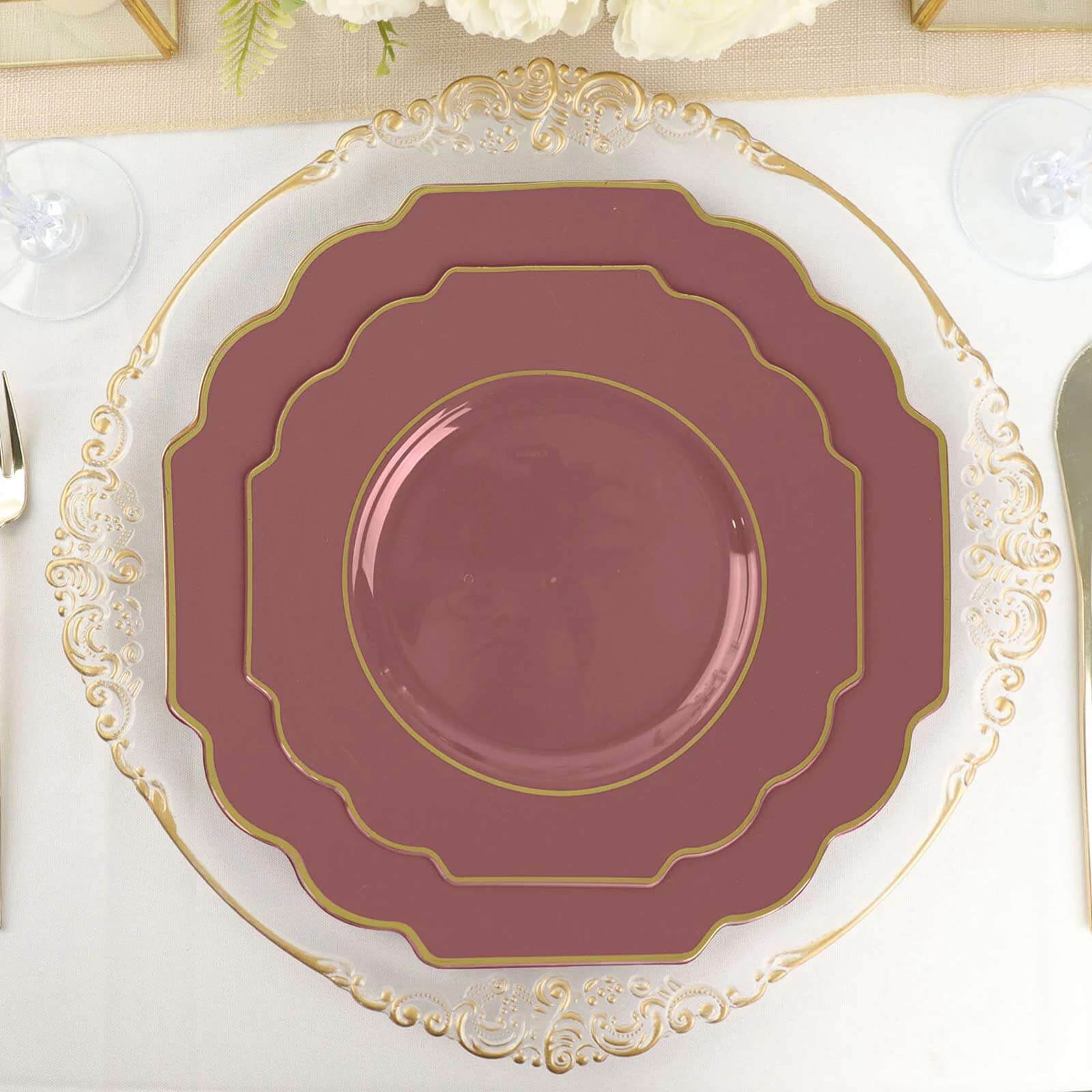 10-Pack Plastic Dessert Appetizer Plates in Cinnamon Rose Baroque Design with Scalloped Gold Rim - Heavy Duty Disposable Salad Plates 8