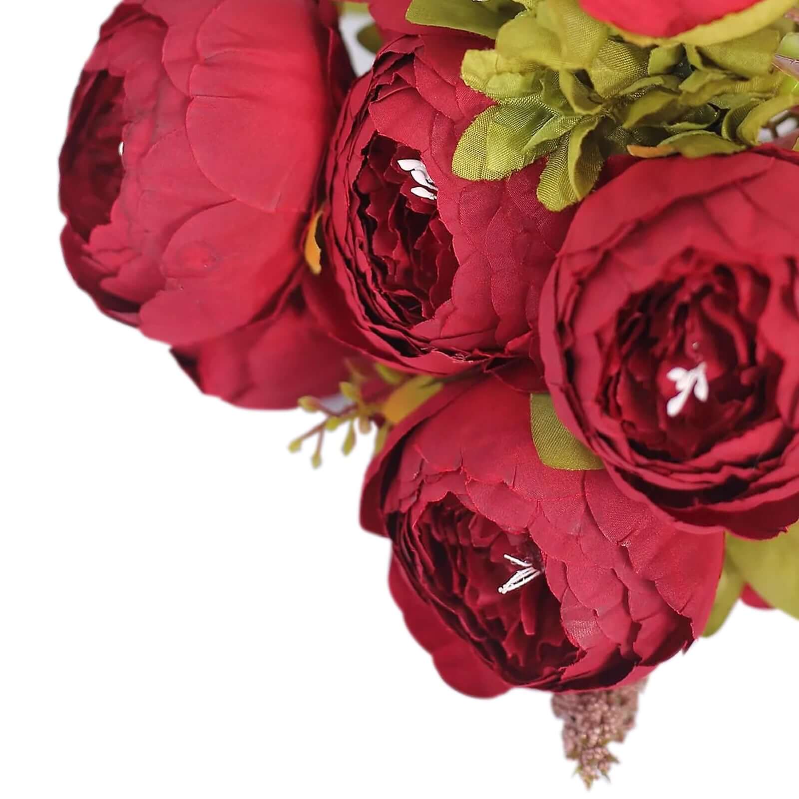 2 Pack 19 Burgundy Artificial Peony Flower Wedding Bouquets, Faux Silk Flower Arrangements