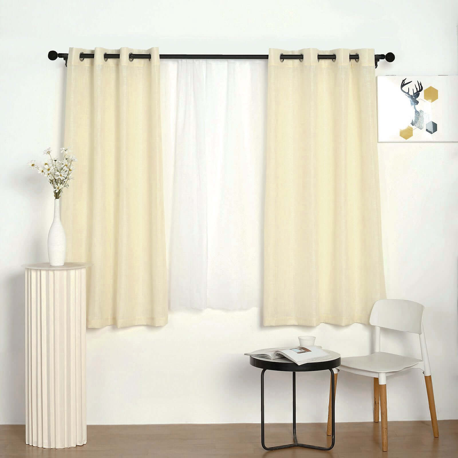 2 Pack Handmade Ivory Faux Linen Curtains 52x64, Curtain Panels With Chrome Grommets