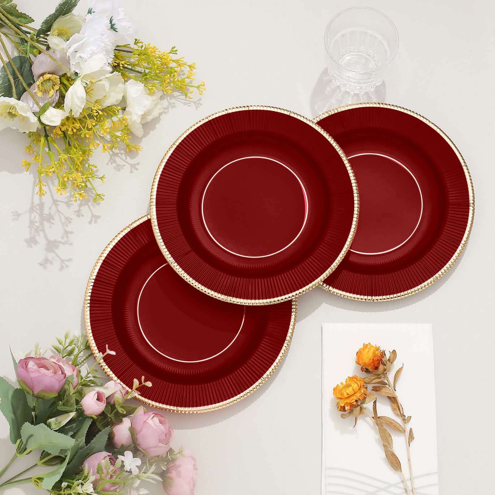 25-Pack Paper 8 Round Dessert Plates in Burgundy Sunray Design with Gold Rim - Disposable Heavy Duty 350GSM Appetizer Salad Plates