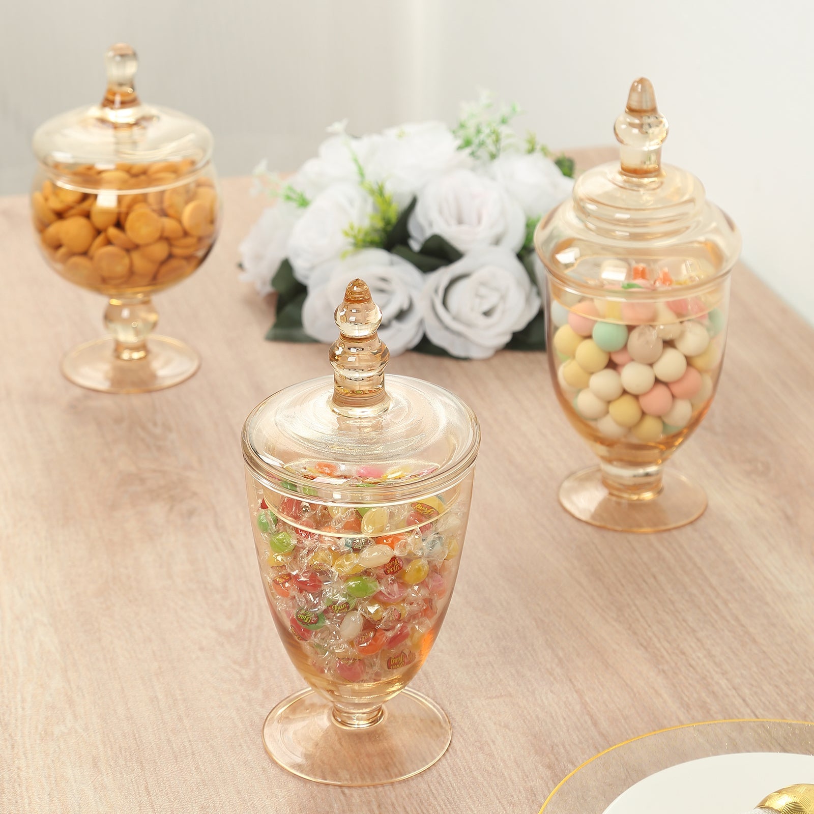 Set of 3 Glass Jars Apothecary Design Amber Gold and Snap-On Lids - Stylish Decorative Candy Buffet Storage 8.5, 9, 10