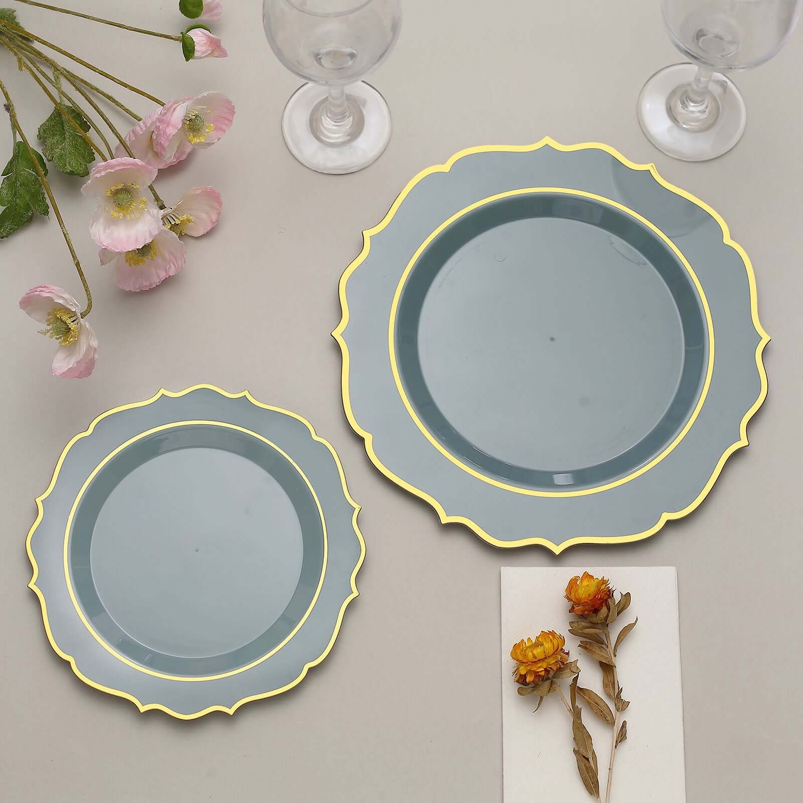 10-Pack Plastic 10 Round Dinner Plates in Dusty Blue with Gold Scalloped Rim - Disposable Party Plates