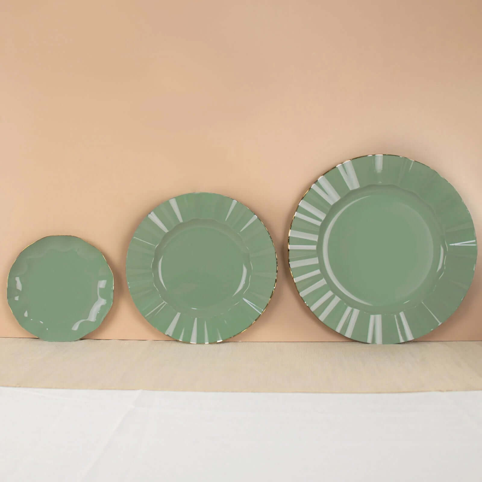 10-Pack Plastic Round 6 Dessert Plates in Dusty Sage Green Ruffled Rim with Gold Edging - Sturdy Disposable Salad Appetizer Dinnerware