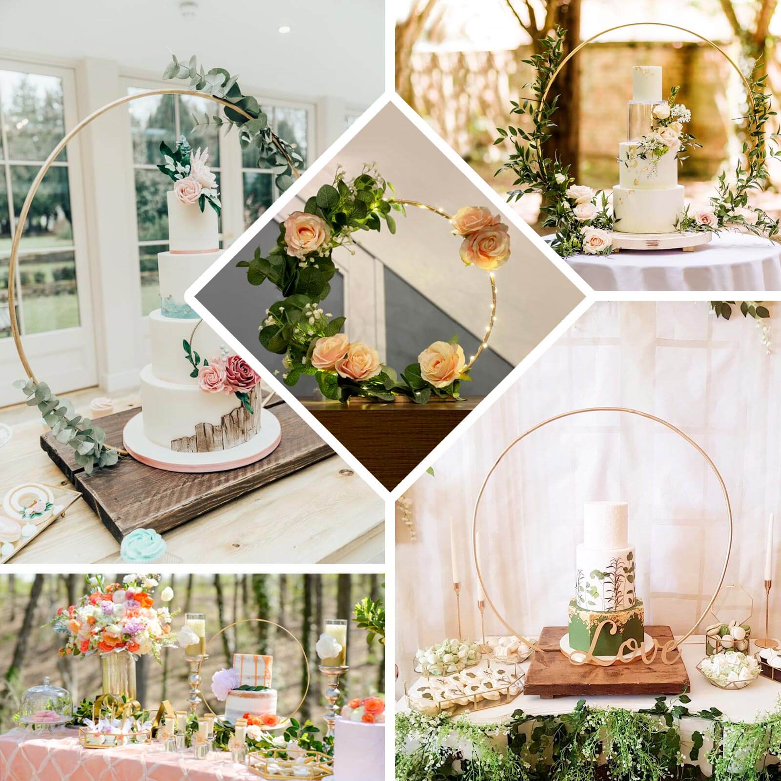 Metal Round Floral Hoop Cake Stand Gold - Chic Geometric Dessert Display DIY Centerpiece Table Decoration With Wooden Base 20