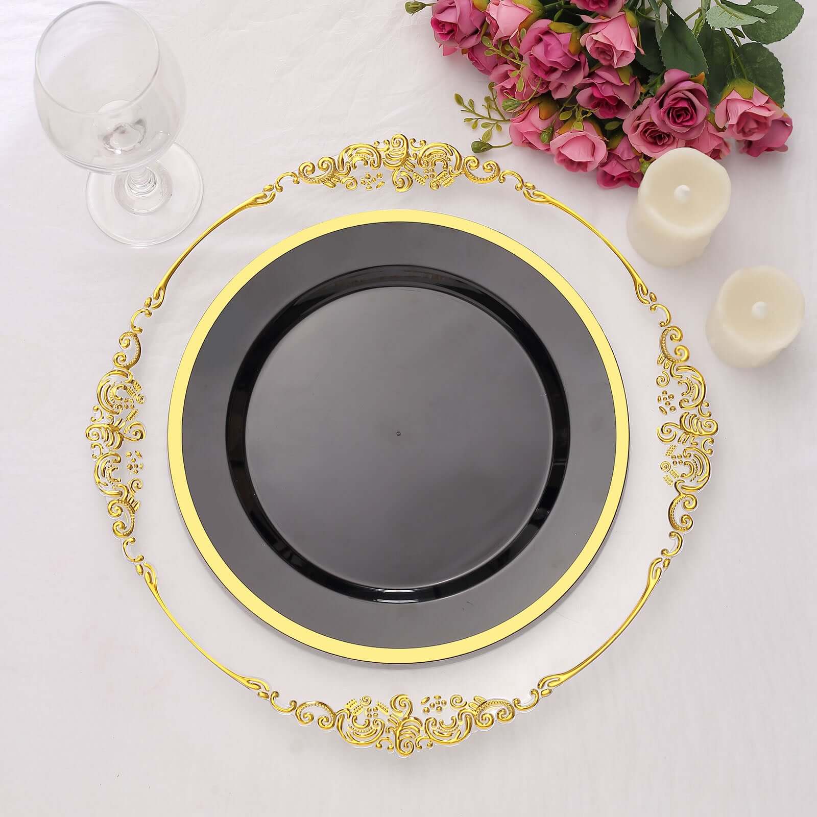 10-Pack Plastic 10 Round Dinner Plates in Black with Gold Rim - Disposable Party Plates for Classy Banquets & Special Occasions