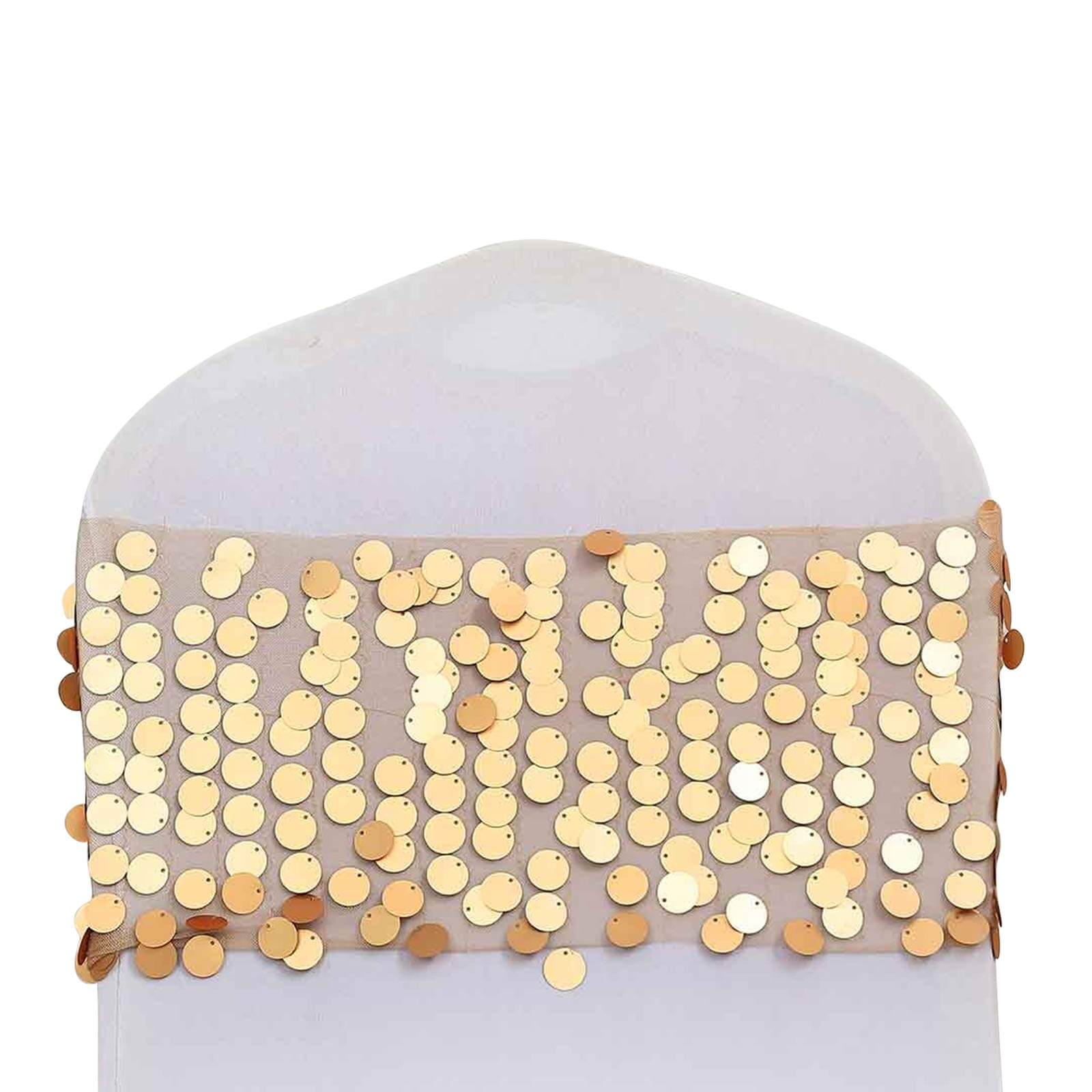 5 Pack Big Payette Sequin 13x10 Chair Sash Bands Matte Champagne - Stylish Glittering Decor for Weddings & Gatherings