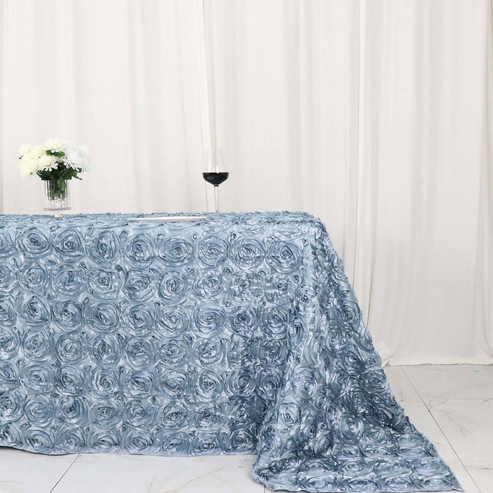 Satin 90x132 Rectangle Tablecloth Dusty Blue - Grandiose 3D Rosette Seamless Table Cover