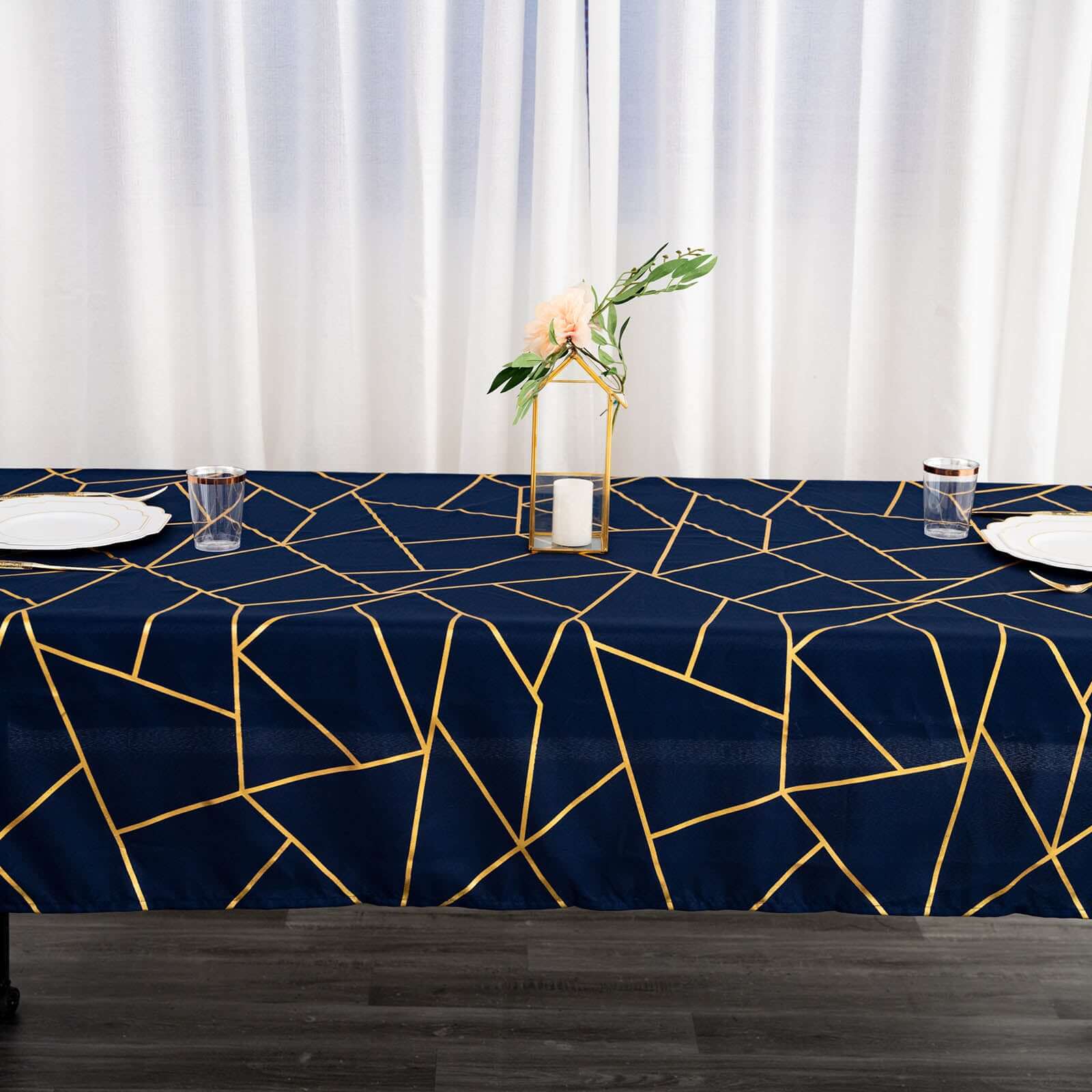 Polyester 60x102 Rectangle Tablecloth Navy Blue with Gold Foil Geometric Pattern - Wrinkle-Resistant & Durable Table Cover