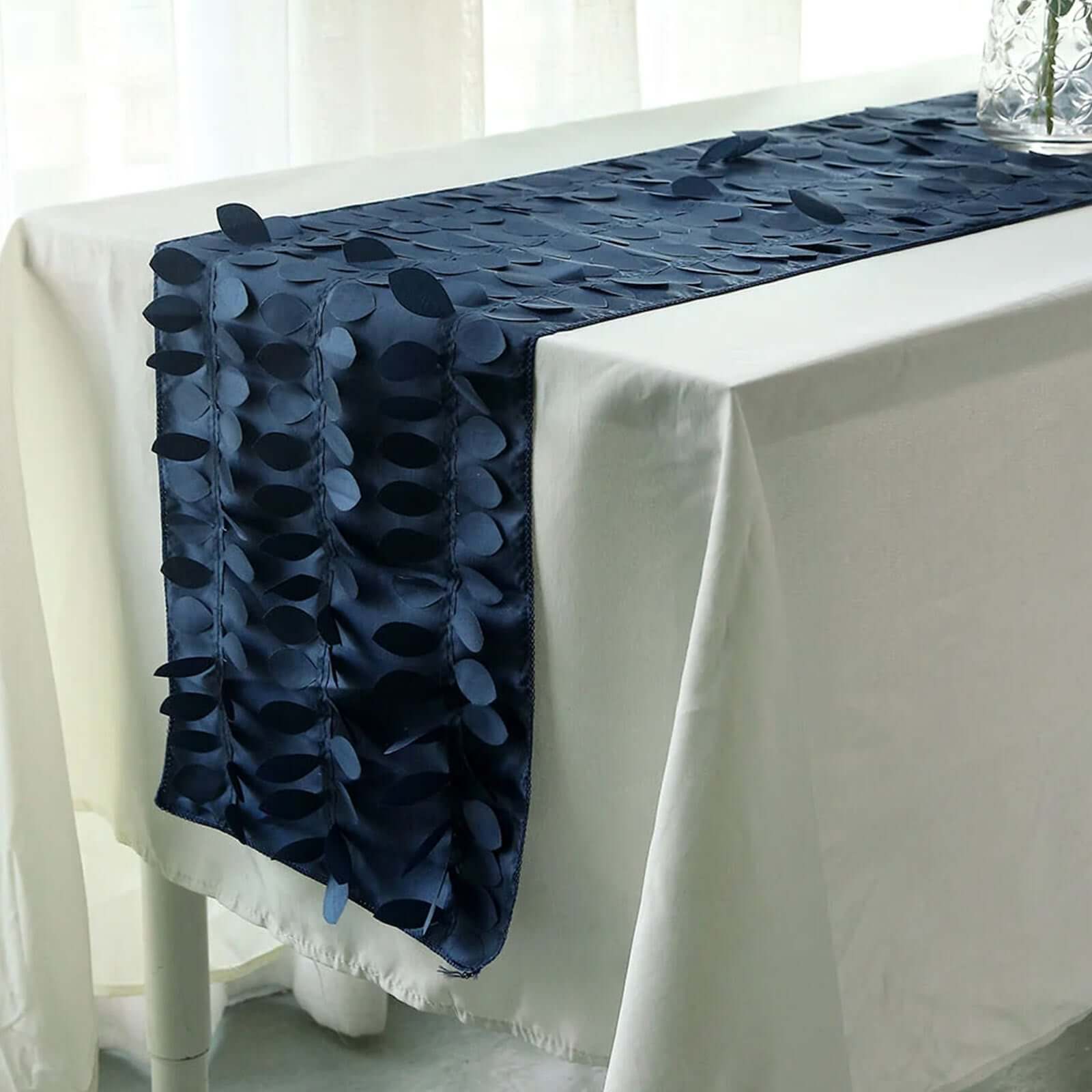 Taffeta Fabric 12x108 Table Runner Navy Blue - 3D Leaf Petal Design