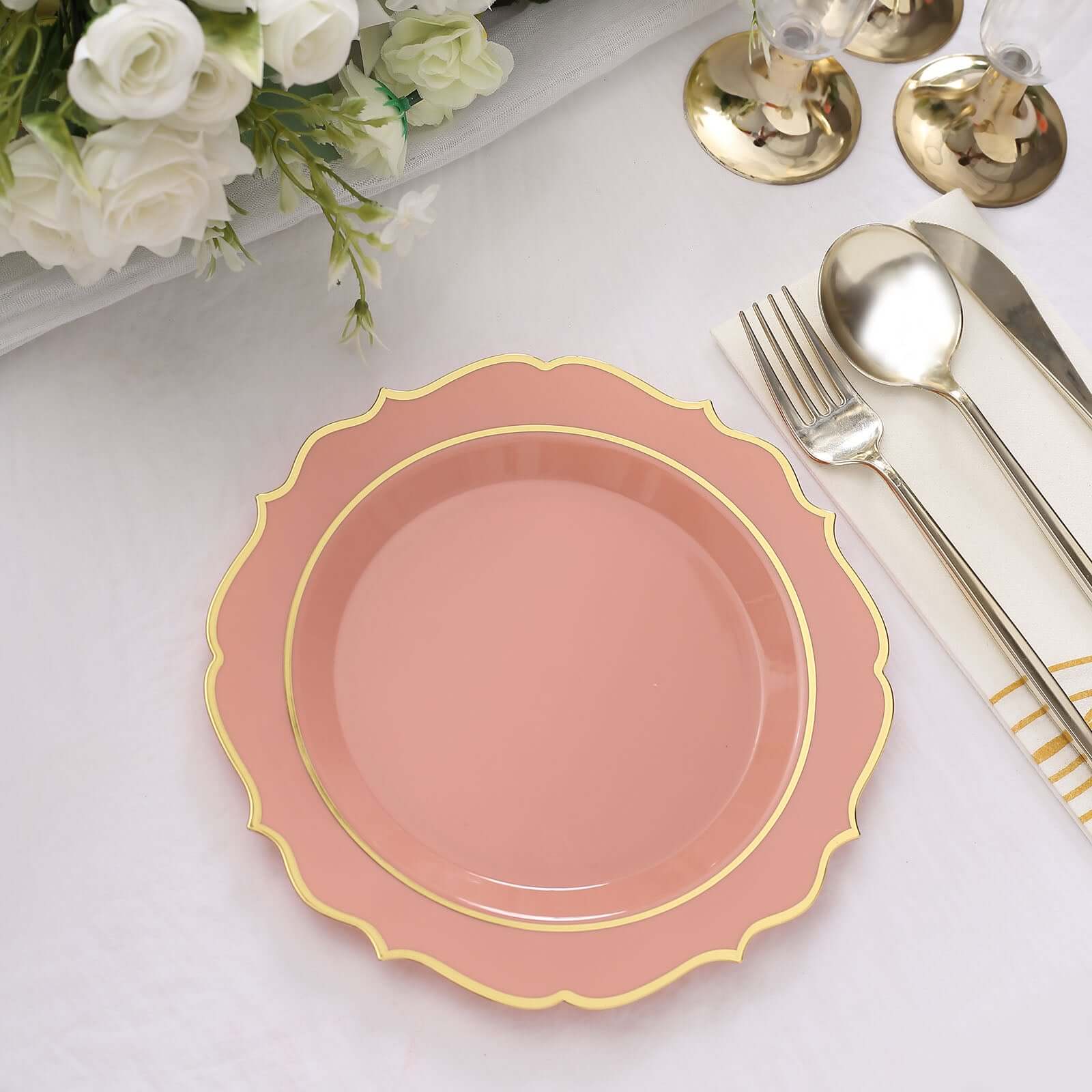 10-Pack Plastic 8 Round Desert Plates in Dusty Rose with Gold Scalloped Rim - Disposable Appetizer/Salad Plates