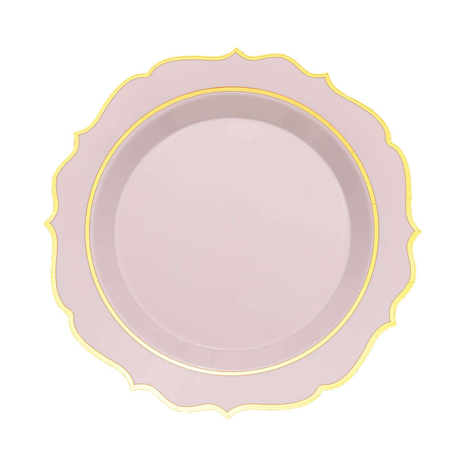 10-Pack Plastic 8 Round Desert Plates in Blush with Gold Scalloped Rim - Disposable Appetizer/Salad Plates