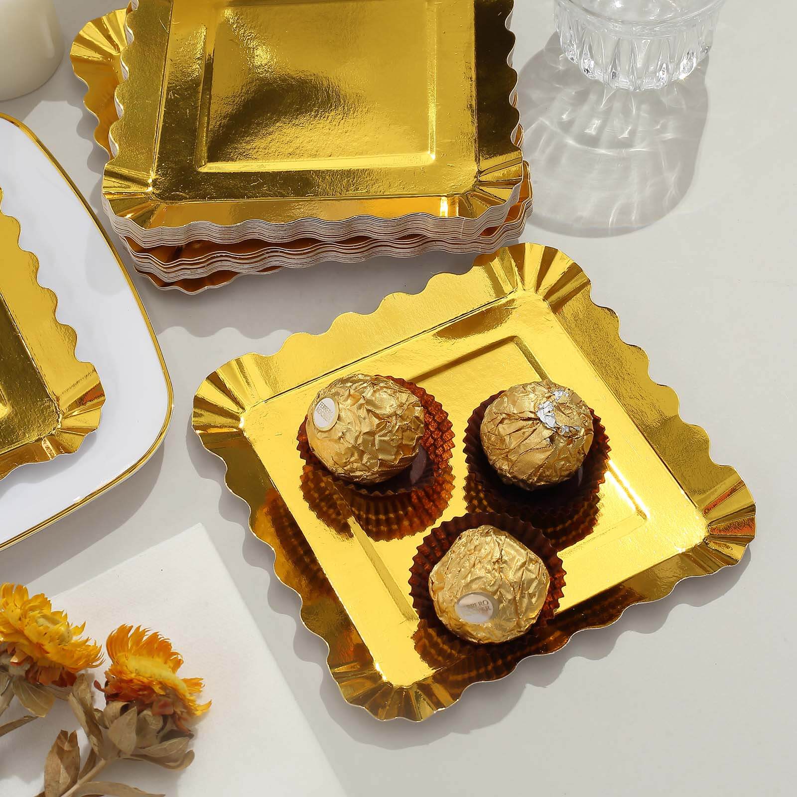 50-Pack Paper 5 Square Dessert Plates in Gold Foil with Scalloped Rim - Disposable Appetizer Plates for for Glam Gatherings & Special Occasions