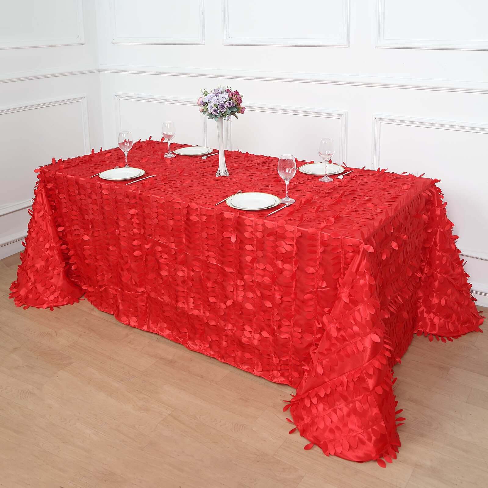 Taffeta 90x156 Rectangle Tablecloth Red | 3D Leaf Petal Design Seamless Table Cover