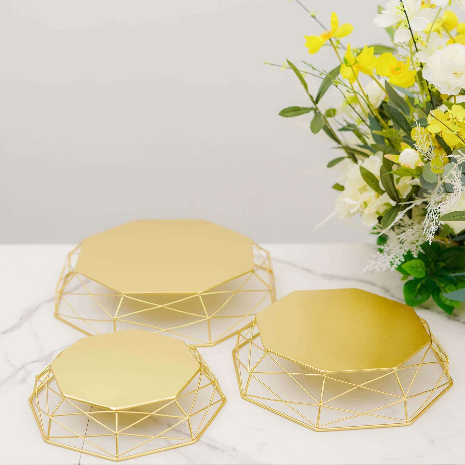 Set of 3 Metal Cake Stands Geometric Reversible Octagon Design Gold - Dessert Display Baskets 7, 9, 11