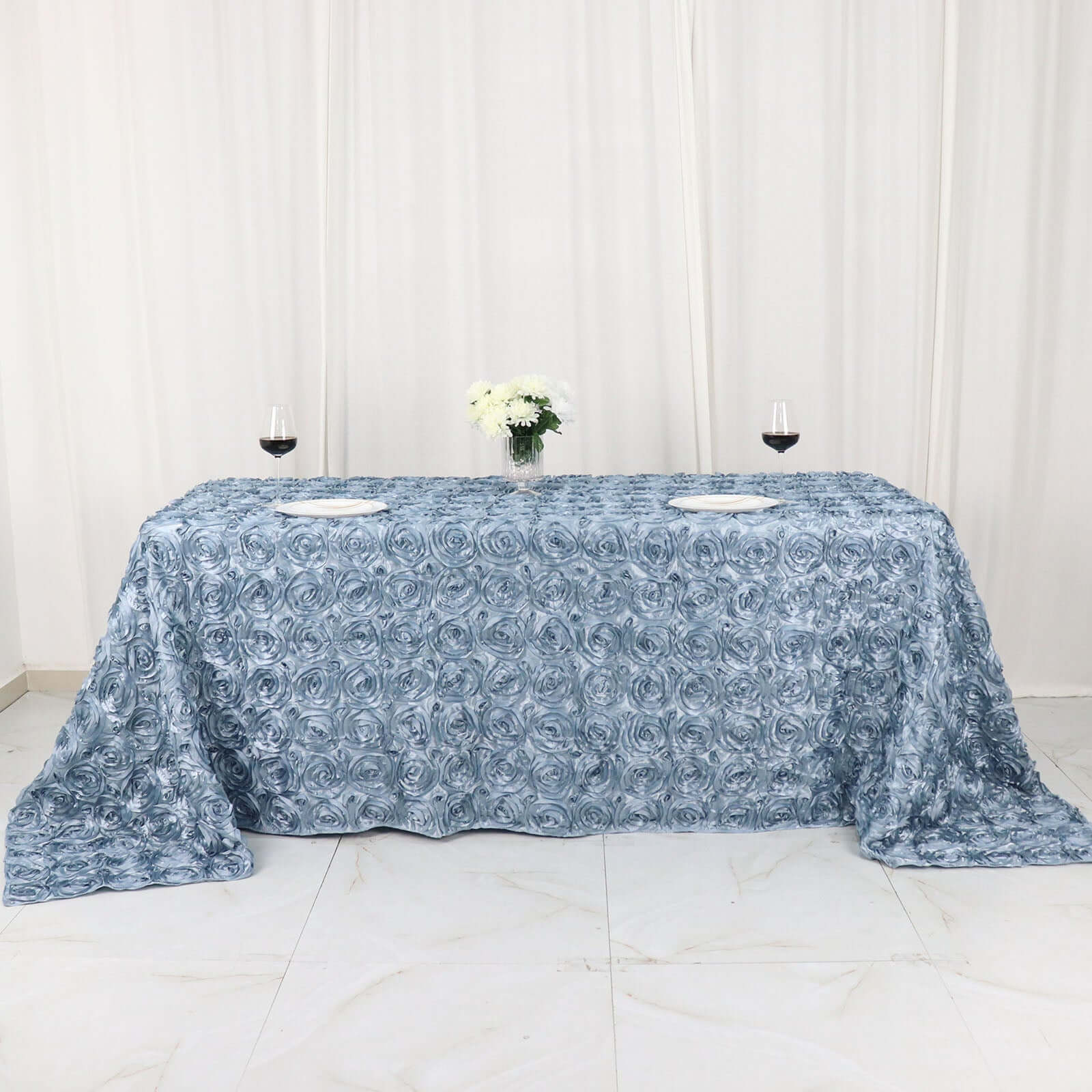 Satin 90x132 Rectangle Tablecloth Dusty Blue - Grandiose 3D Rosette Seamless Table Cover