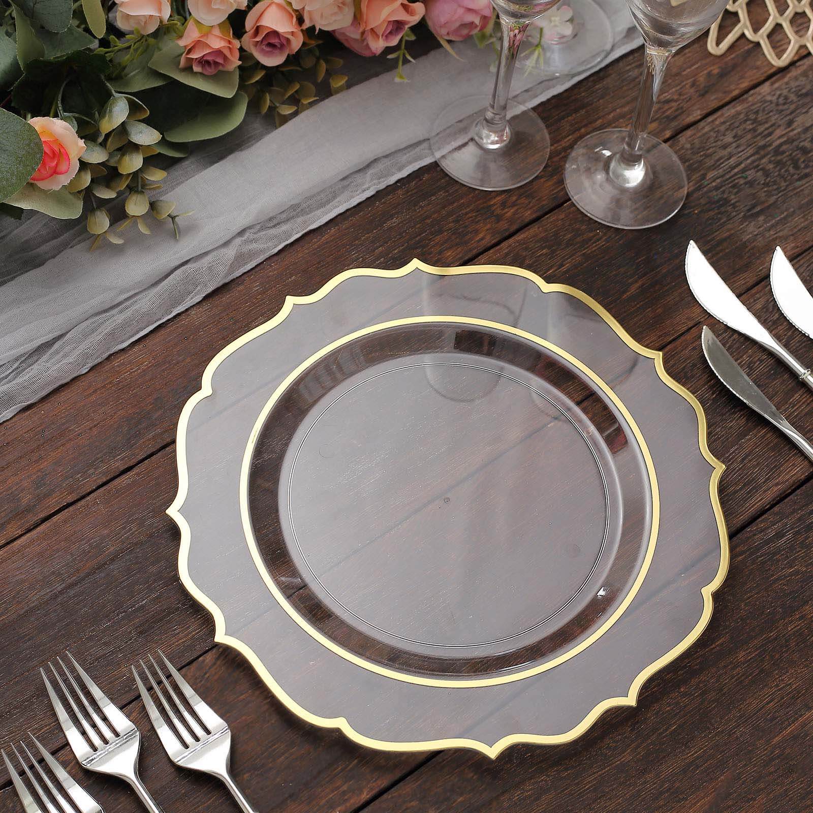 10-Pack Plastic 10 Round Dinner Plates in Clear with Gold Scalloped Rim - Disposable Party Plates