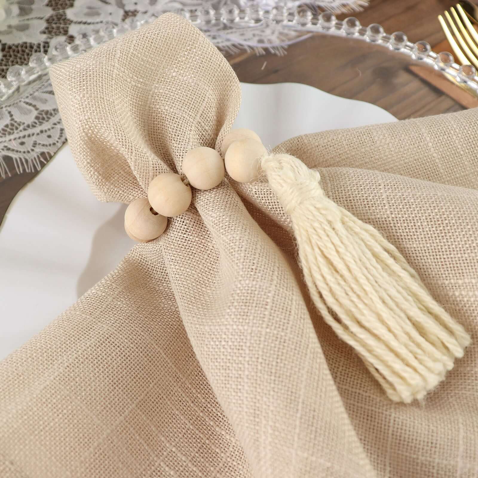 4 Pack 6 Cream Rustic Boho Chic Wood Bead Napkin Rings With Tassels, Farmhouse Country Napkin Holders