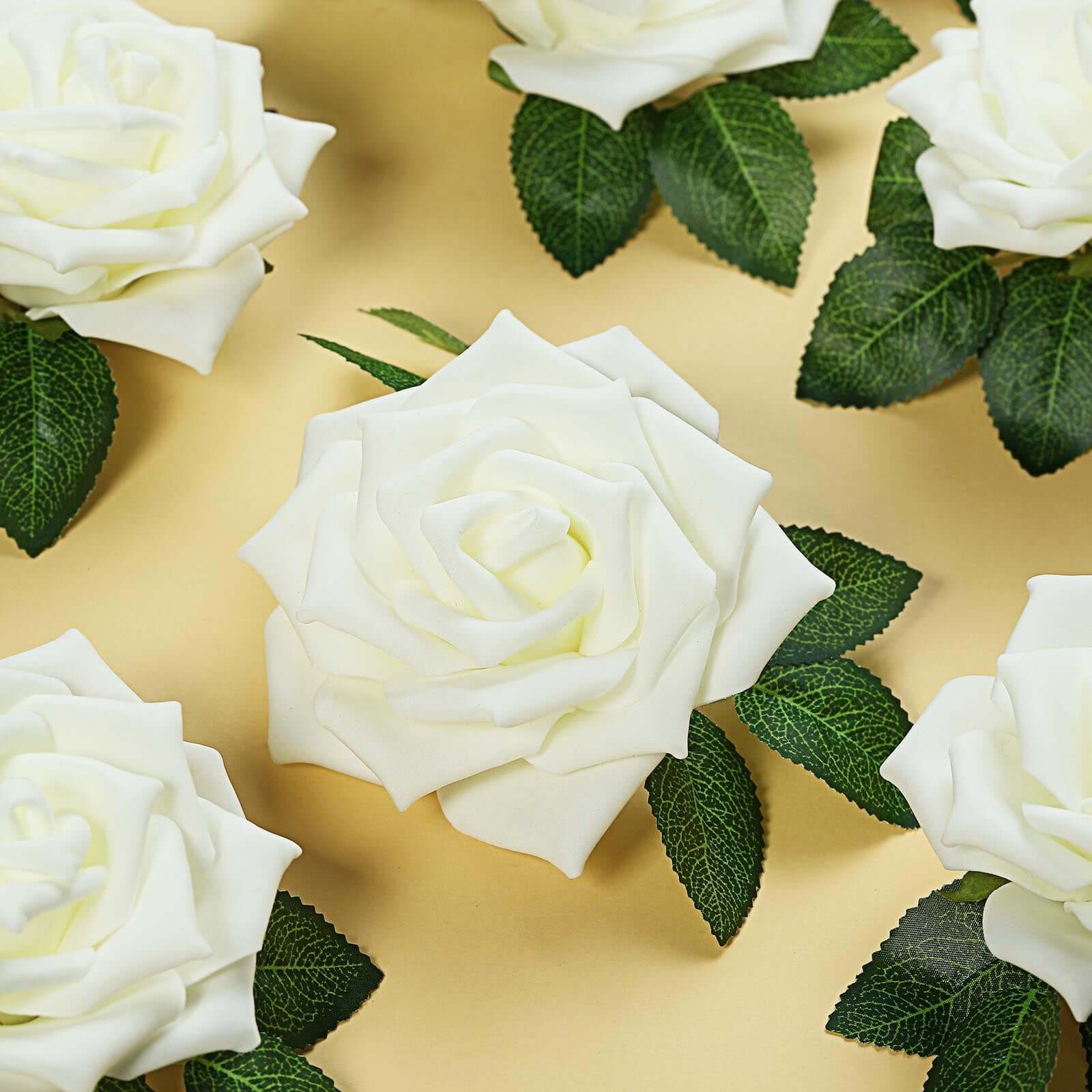 24 Roses 5 Ivory Artificial Foam Flowers With Stem Wire and Leaves