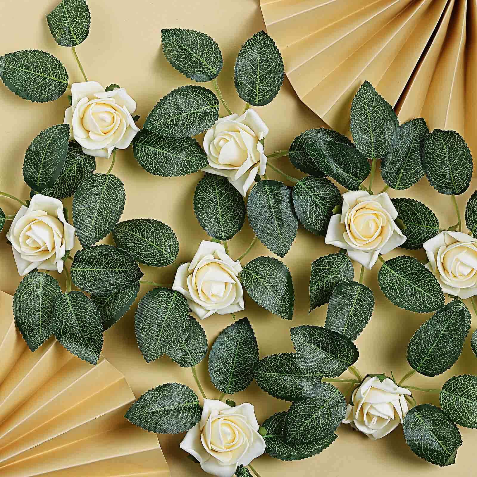 24 Roses 2 Cream Artificial Foam Flowers With Stem Wire and Leaves