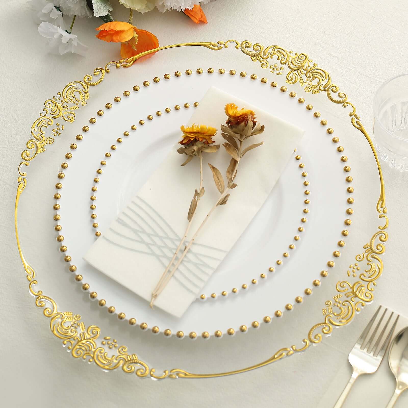 10-Pack Plastic 8 Round Appetizer Dessert Plates in White with Gold Beaded Rim - Disposable Salad Plates for Banquets & Festive Occasions