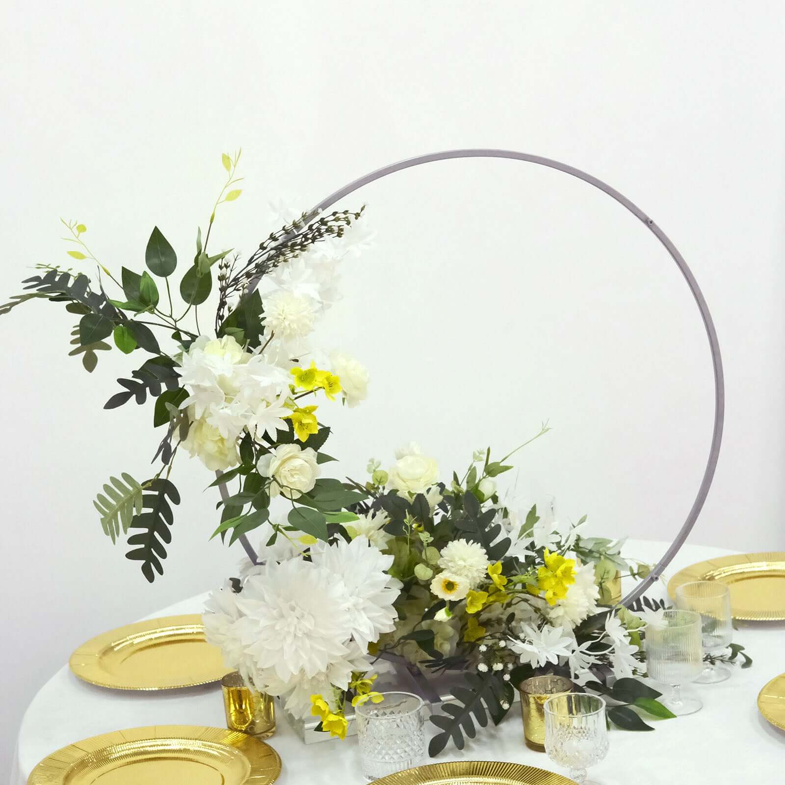 28 Silver Metal Round Hoop Wedding Centerpiece, Self Standing Table Floral Wreath Frame