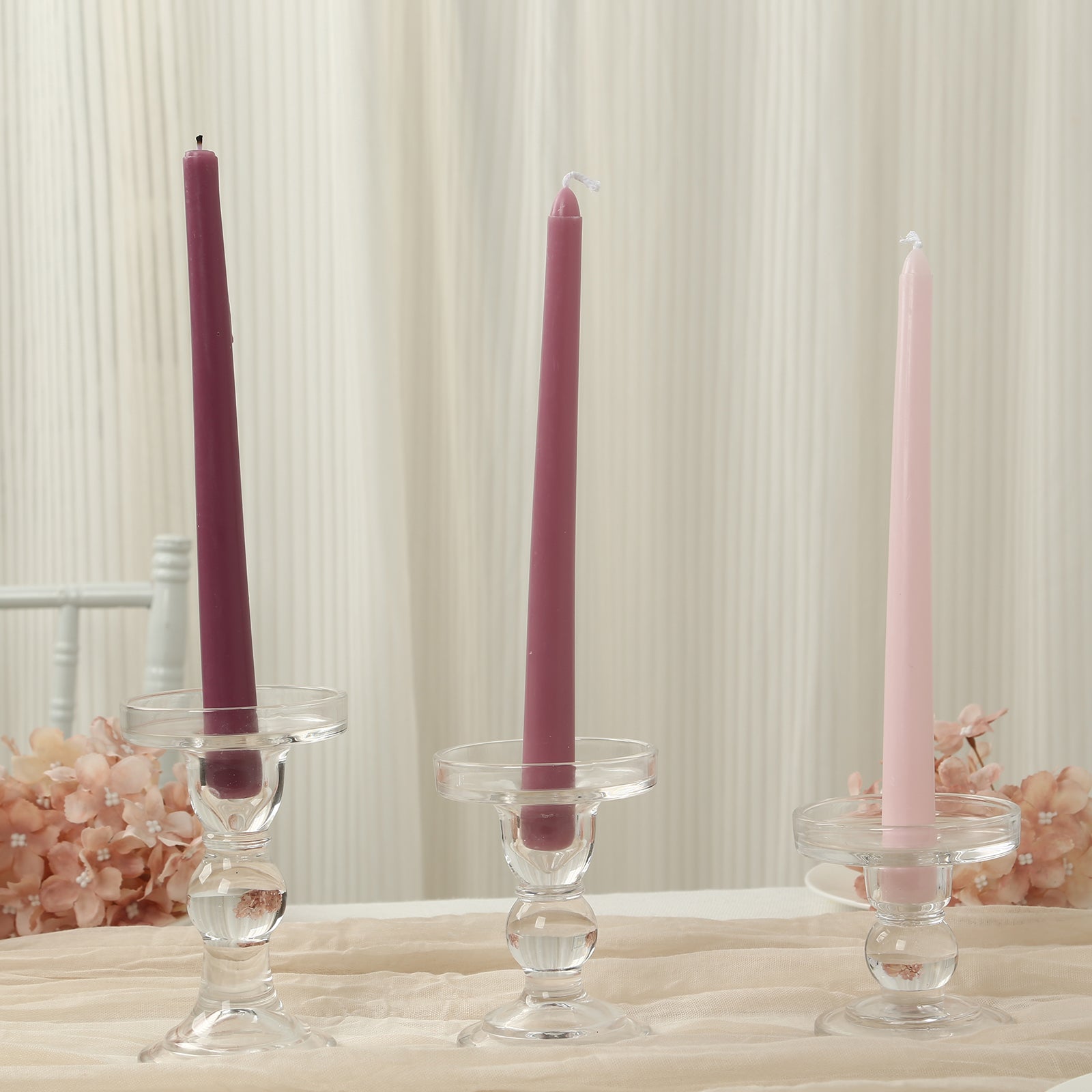 Set of 3 Glass Pillar Candle Holders Clear with Round Tray - Crystal Ball Stem Taper Candlestick Tea Light Stands 3.5, 4.5, 5.5