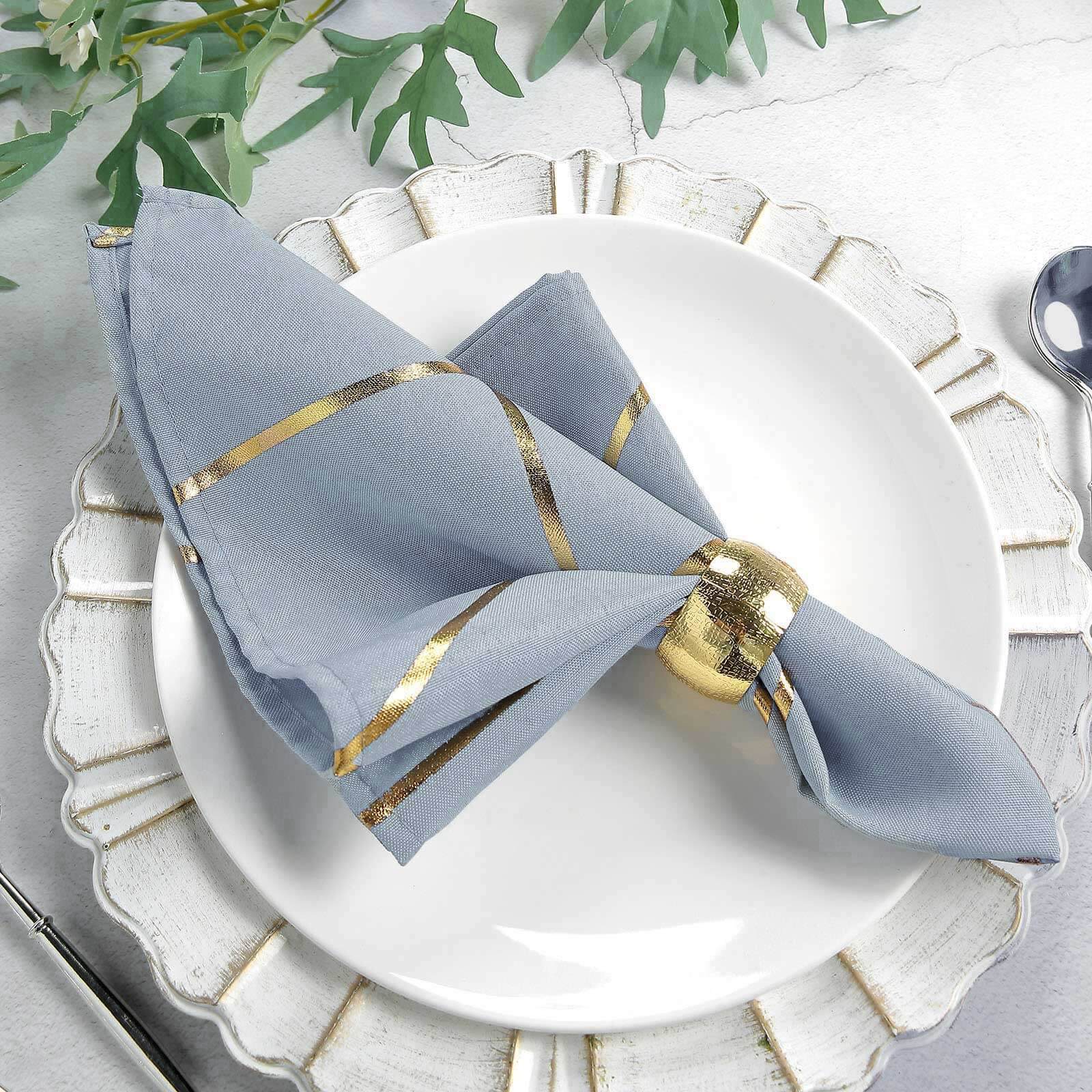 5 Pack Polyester 20x20 Napkins Dusty Blue with Gold Geometric Foil Pattern - Modern Reusable Dinner Napkins