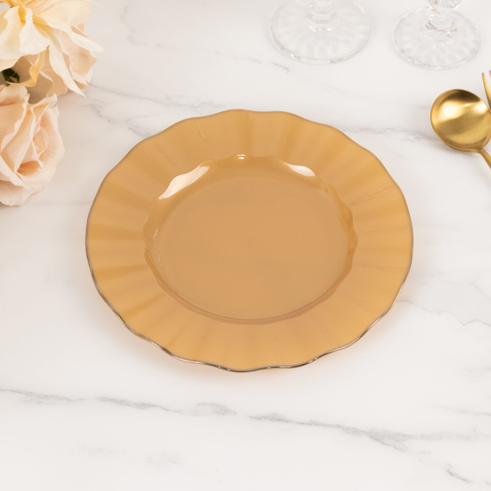 10-Pack Plastic 9 Round Dinner Plates in Gold with Ruffled Rim - Sturdy Disposable Dinnerware for Classy Events & Banquets