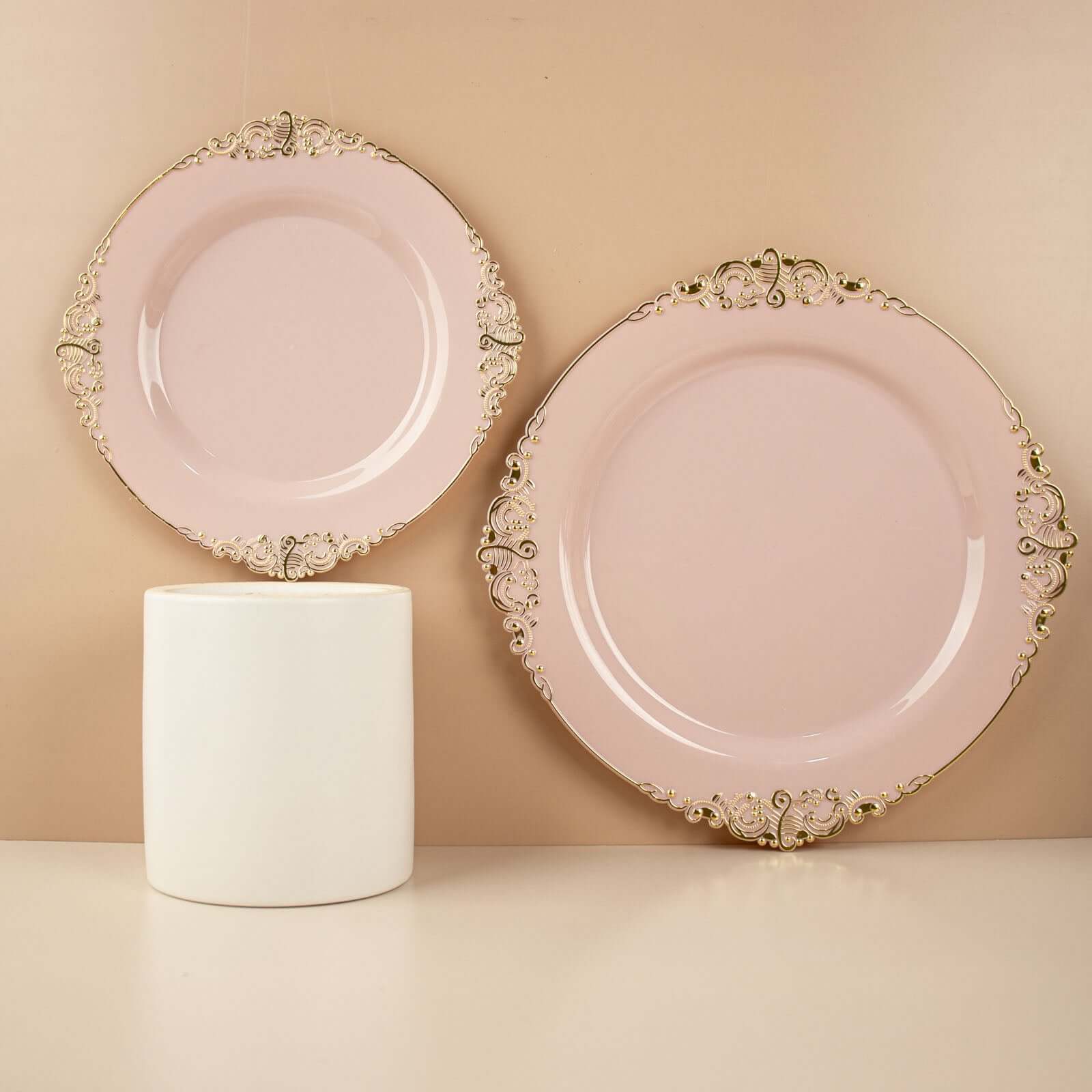 10-Pack Plastic 10 Round Dinner Plates in Blush with Gold Leaf Embossed Rim - Disposable Vintage Baroque Style Plates