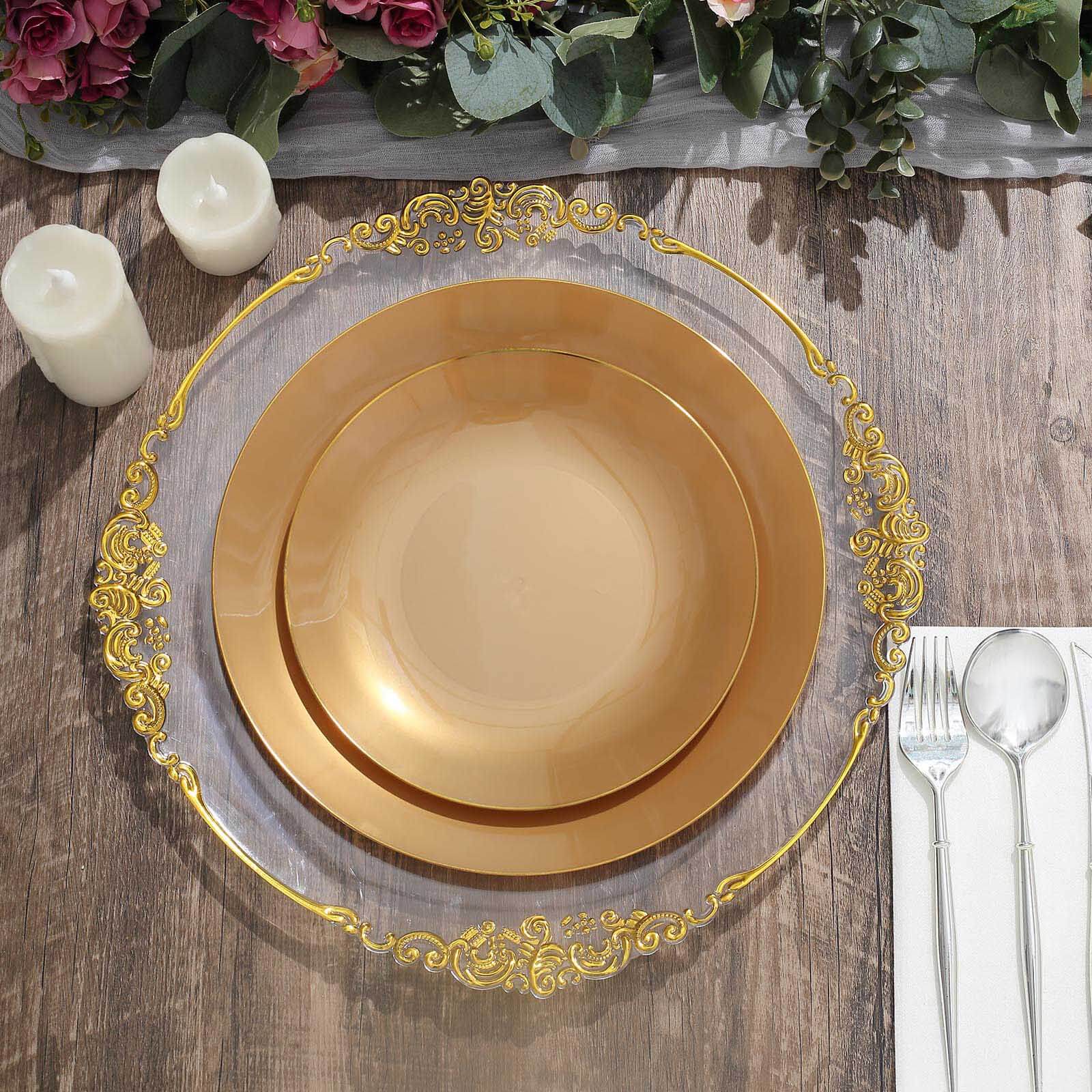 10-Pack Plastic 10 Round Dinner Plates in Gold with Gold Rim - Glossy Disposable Party Plates