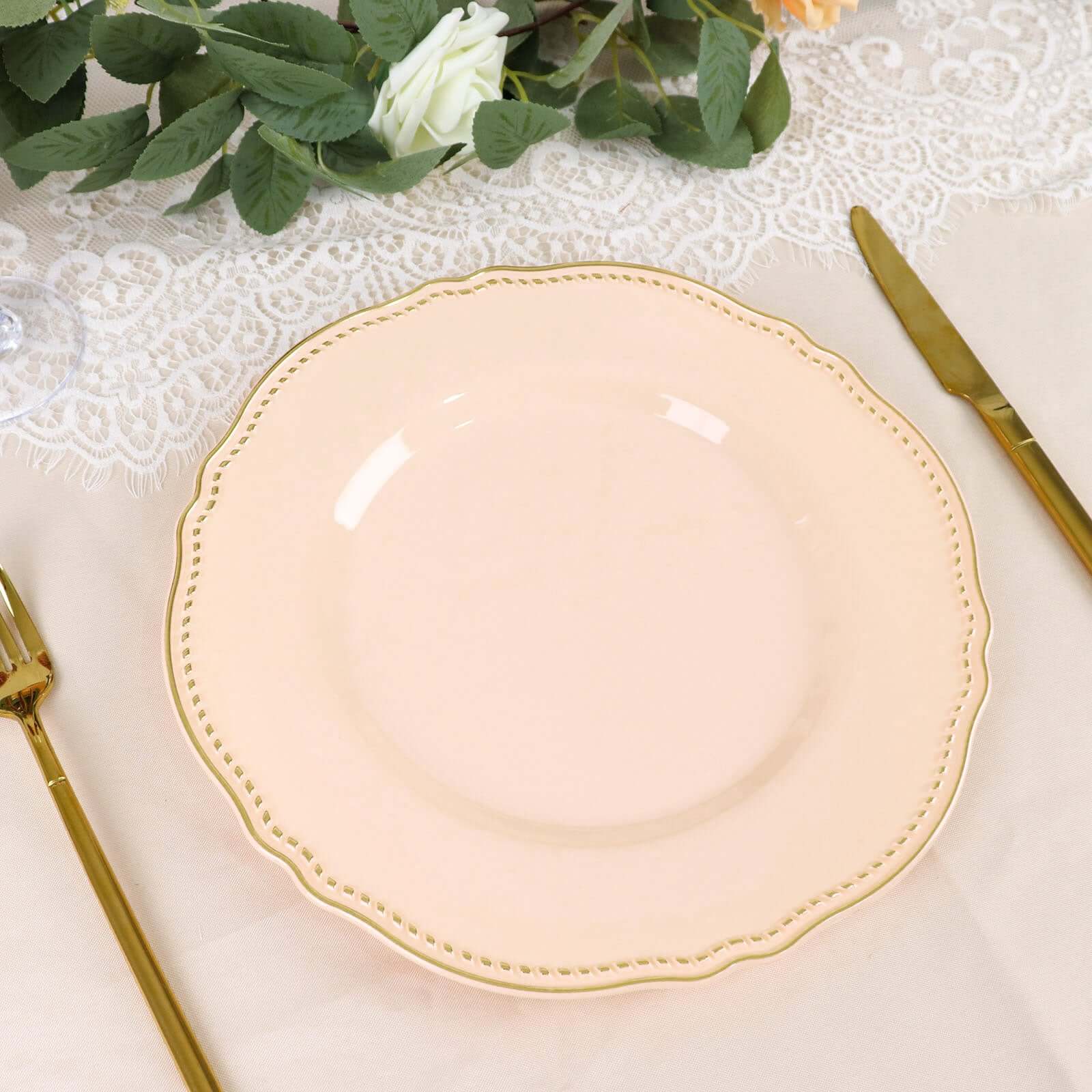 10-Pack Plastic 10 Dinner Plates in Nude with Gold Scalloped Rim - Disposable Large Party Plates